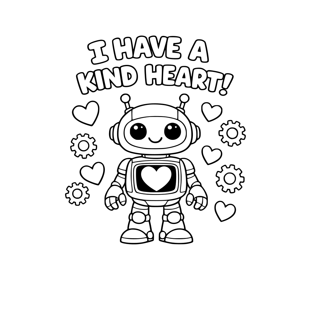 Robot with Heart Screen A cute robot with a heart on its chest screen. Big text: "I have a kind heart.: Hearts and simple gears around. Please write everything in bubble letters so that children can color it in.