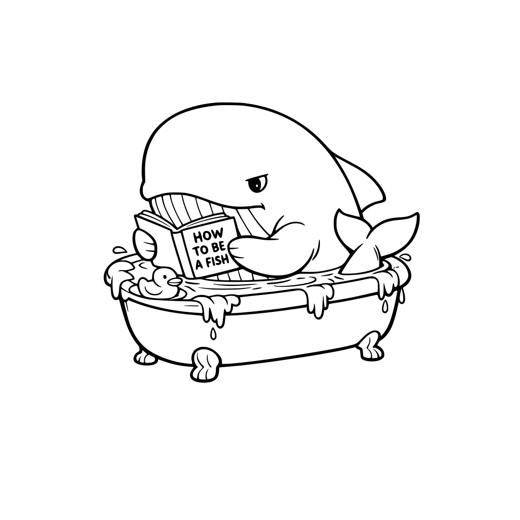 A large whale squeezed into a very small bathtub. Water slightly overflowing over the edges. The whale is calmly holding a small book titled “How to Be a Fish” and reading it seriously. A tiny rubber duck floating in the water. Simple. Huge visual.