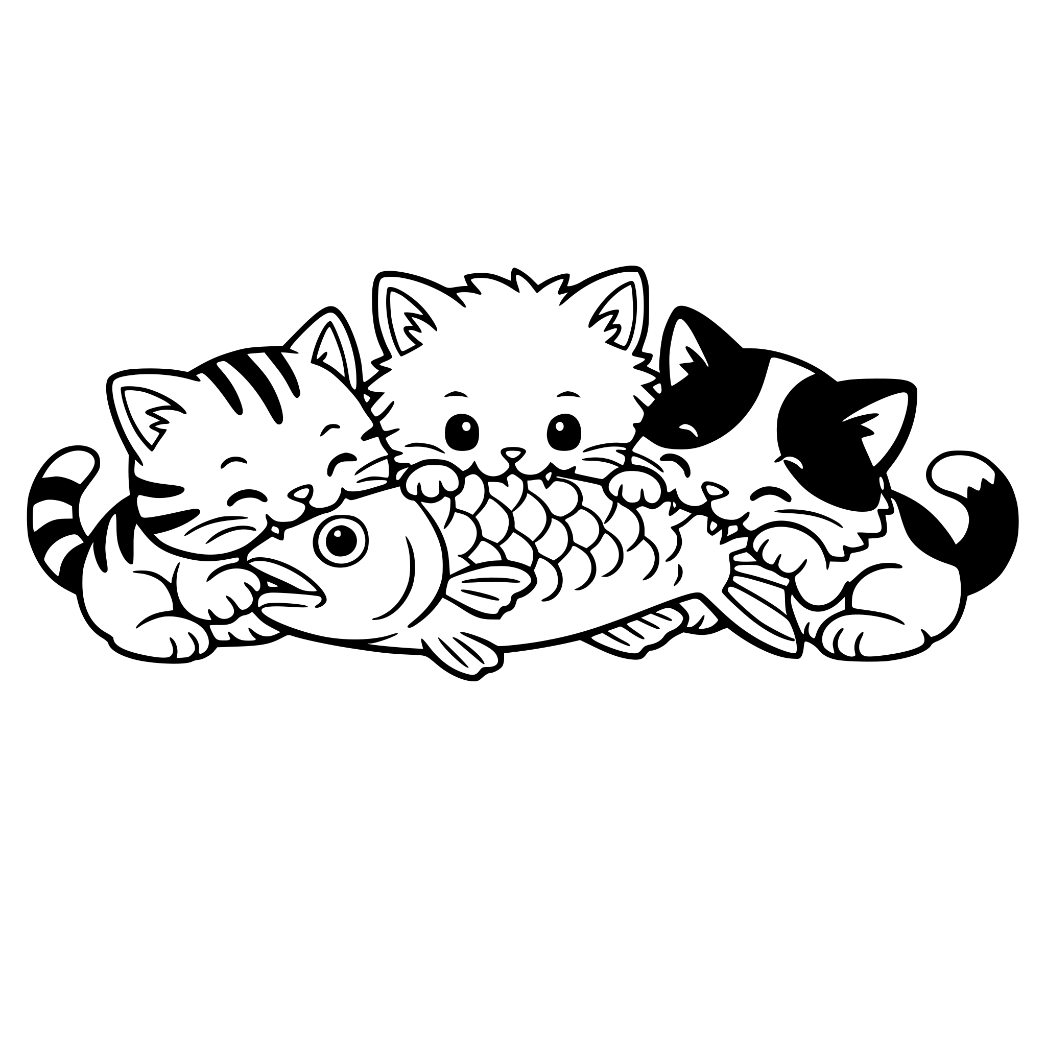 Los mismos gatitos comiendo un pescado juntos