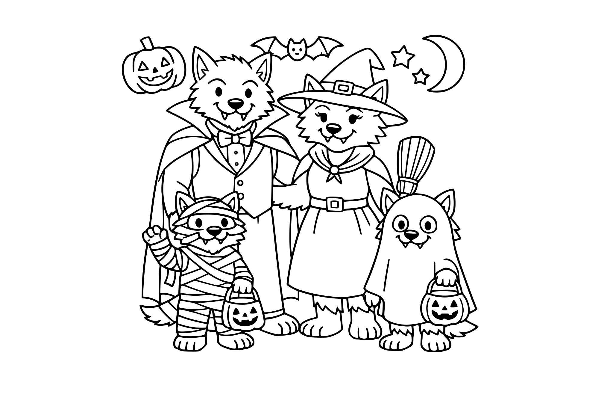 The werewolf family dressed up for Halloween, minimalist line.