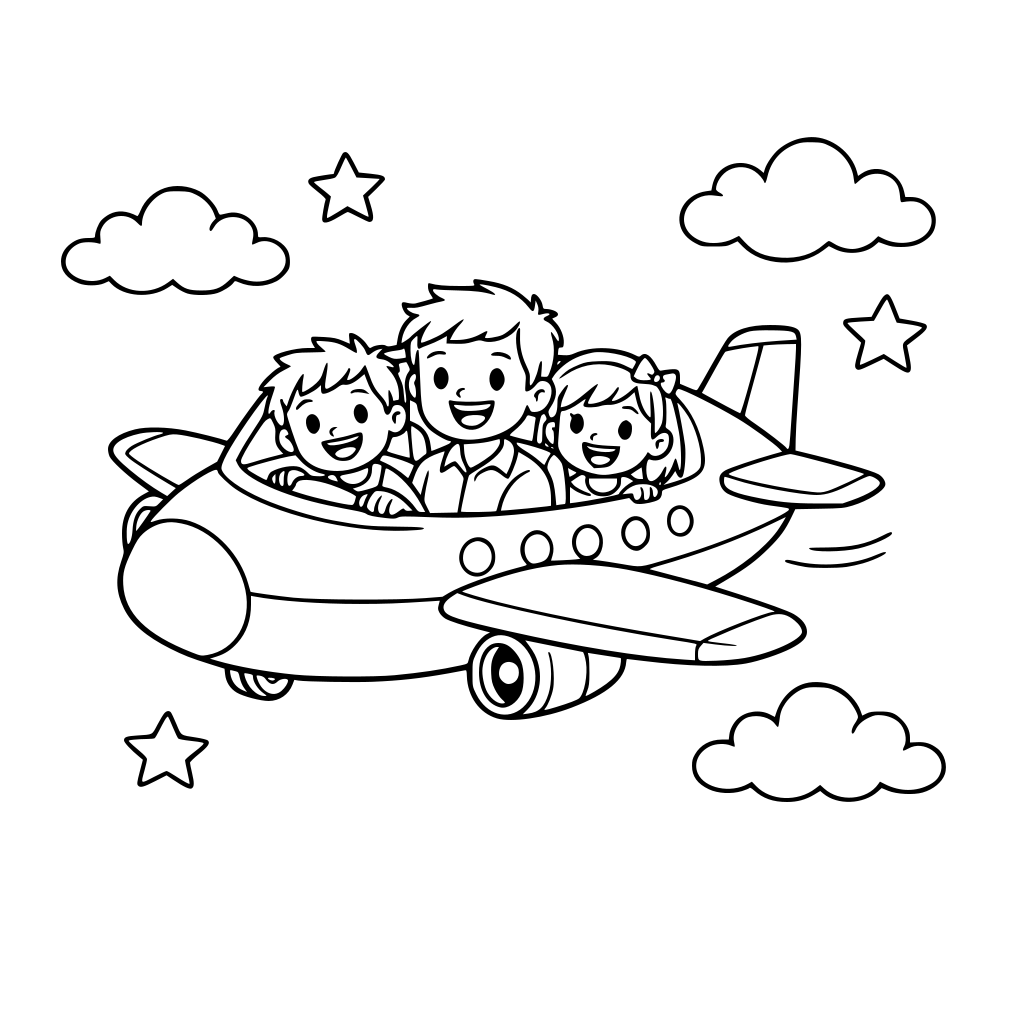 aereo stile cartoon con a bordo un padre e due figli, un maschio e una femmina sorridenti
