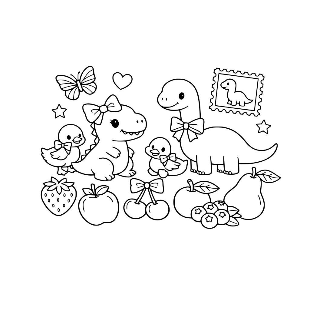 boww, preppy, cute, dinos, ducks, cheries, strawberries, blueberries, butterfly, stamp, pear, fruits