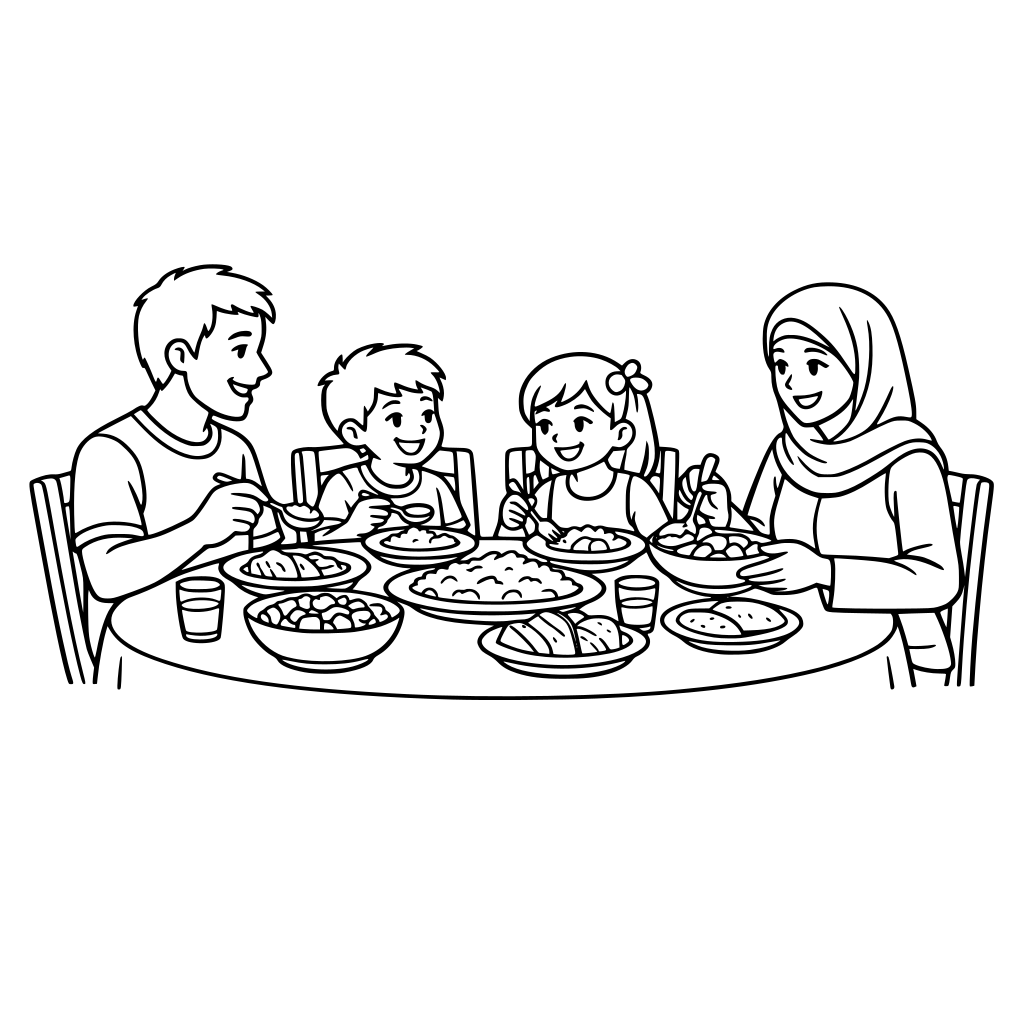 عائلة مكونه من اب وام وولد وبنت قاعدين بياكلوا علي السفره