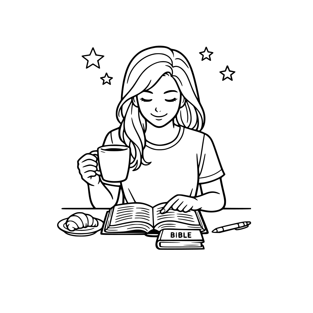 a girl reading her bible and having coffee in the morning