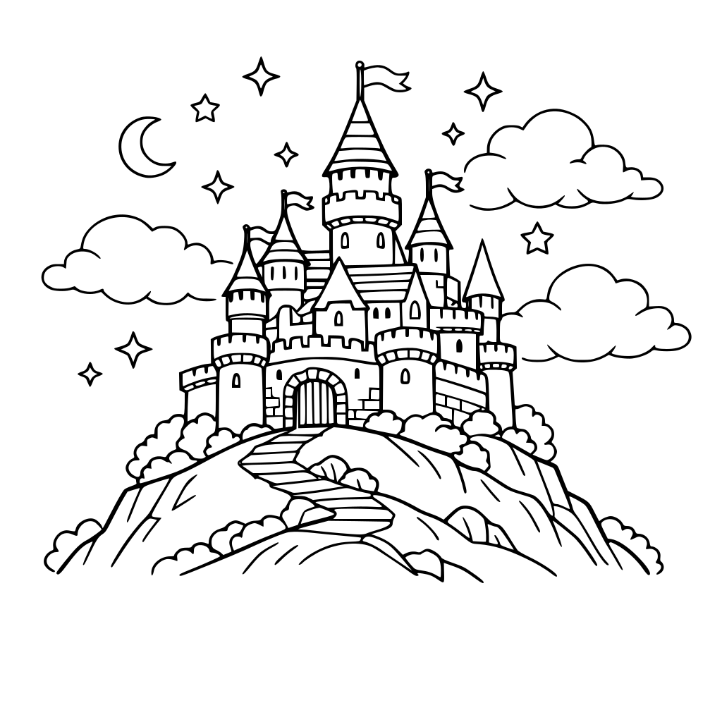 Um castelo em uma colina com nuvens