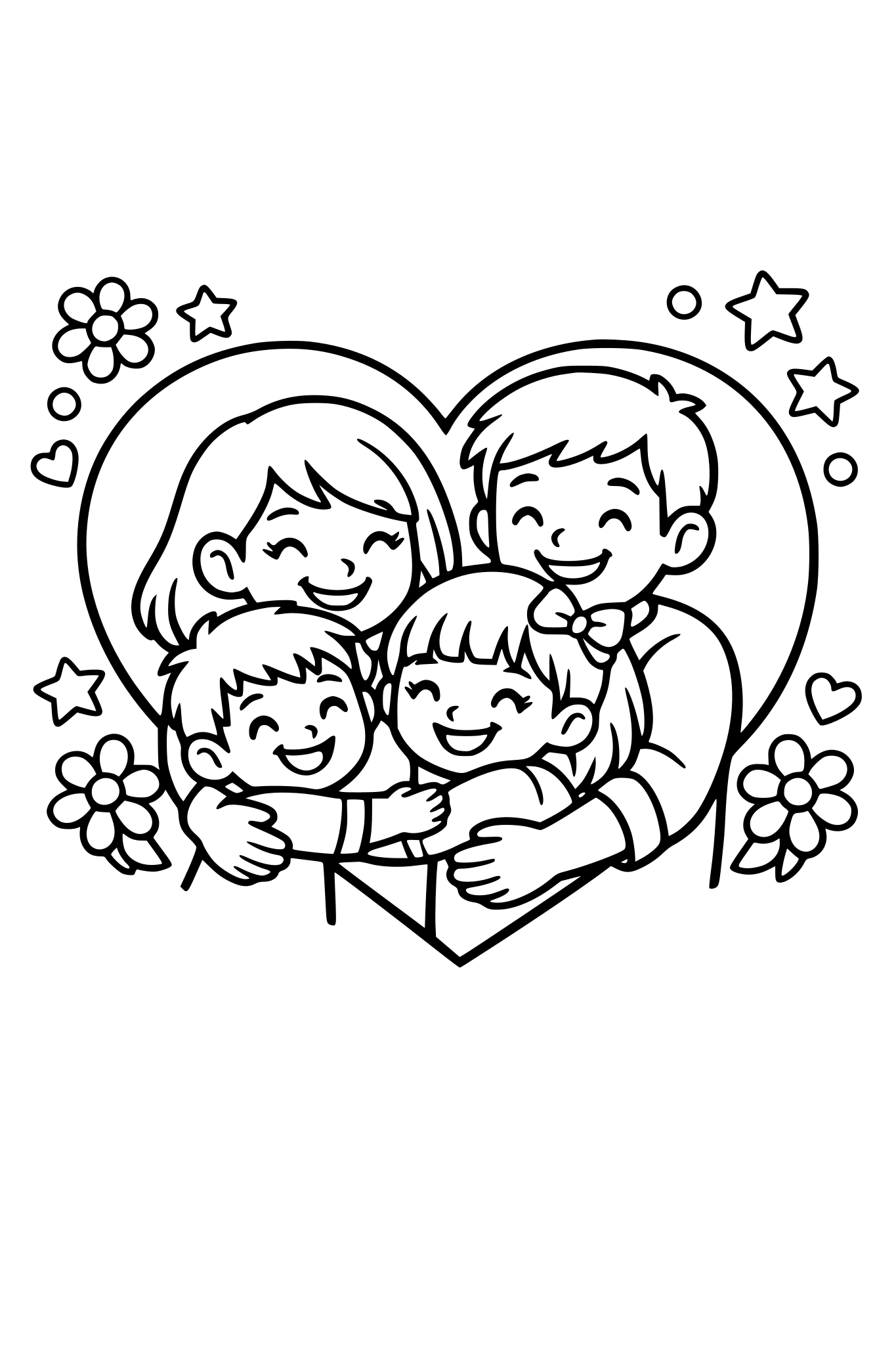 cute kids coloring page, happy family hugging together inside a big heart shape, smiling boy and girl hugging mom and dad, flowers and stars around, simple shapes, thick outlines, black and white coloring book page