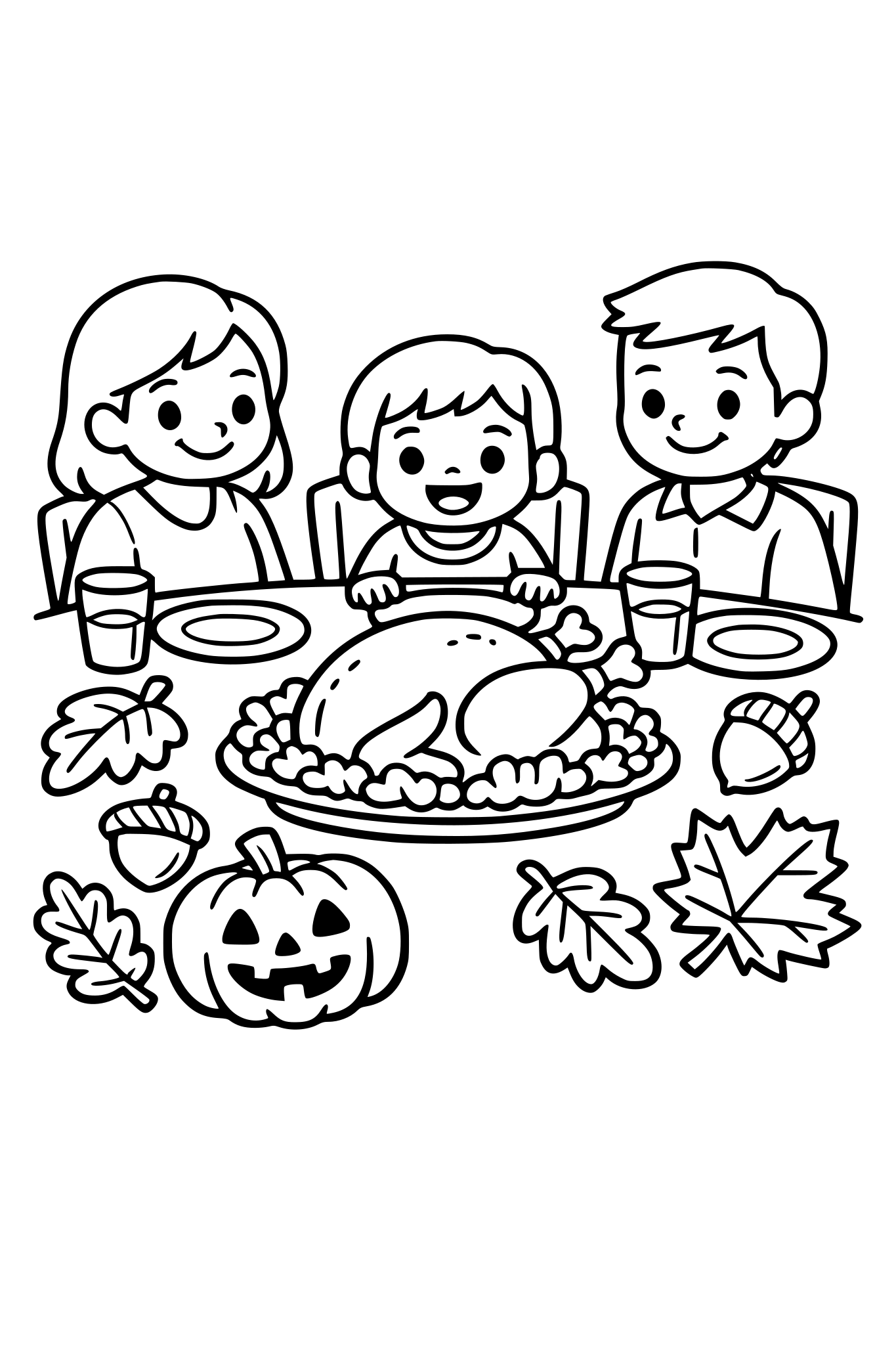 cute kids coloring page, child sitting at a dinner table with family and a big turkey in the center, smiling pumpkin and leaves around, simple shapes, thick outlines