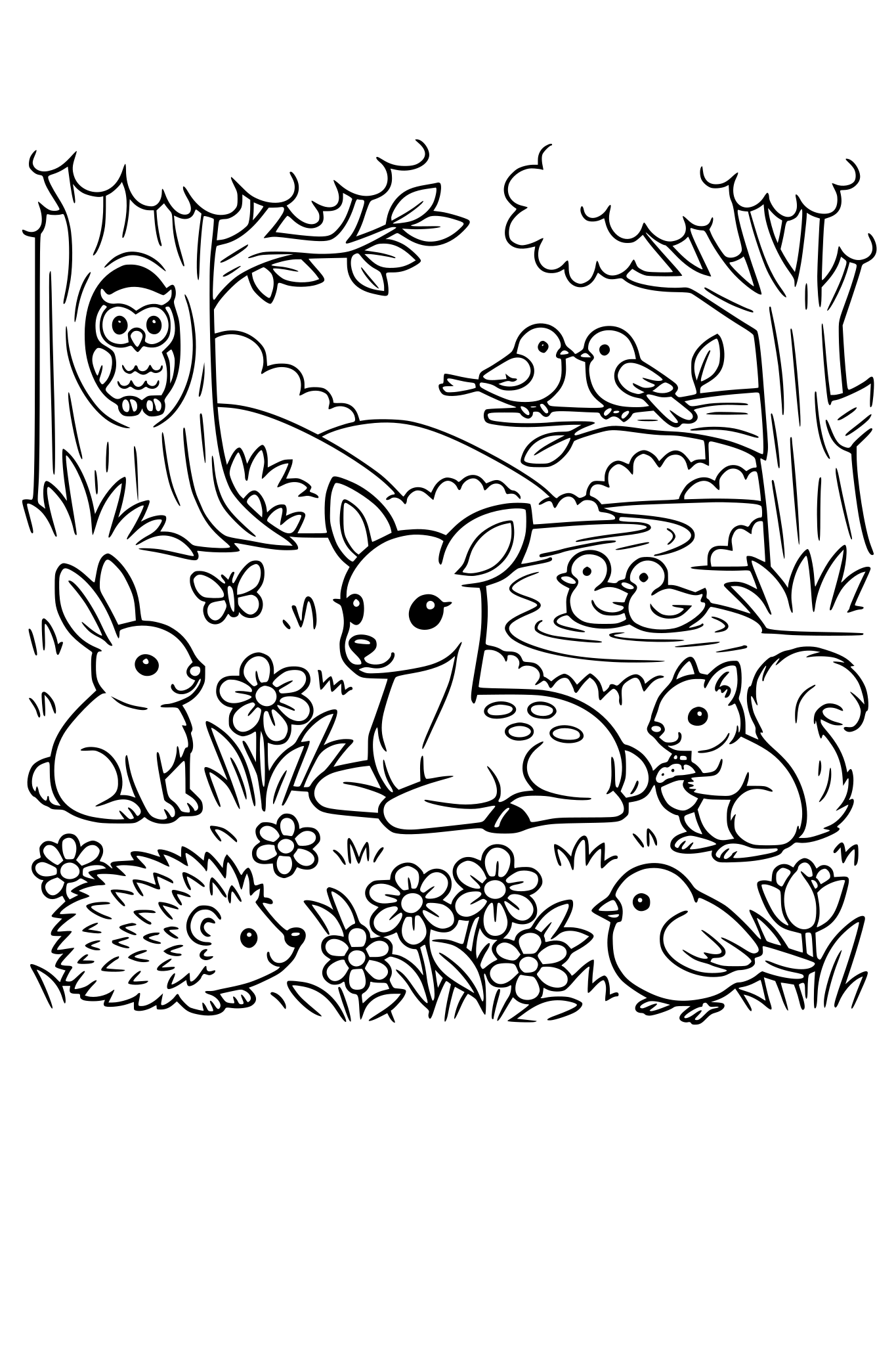 A SPRING SCENCE WITH FLOWERS, WOODLAND ANIMALS, TREES, GRASS,