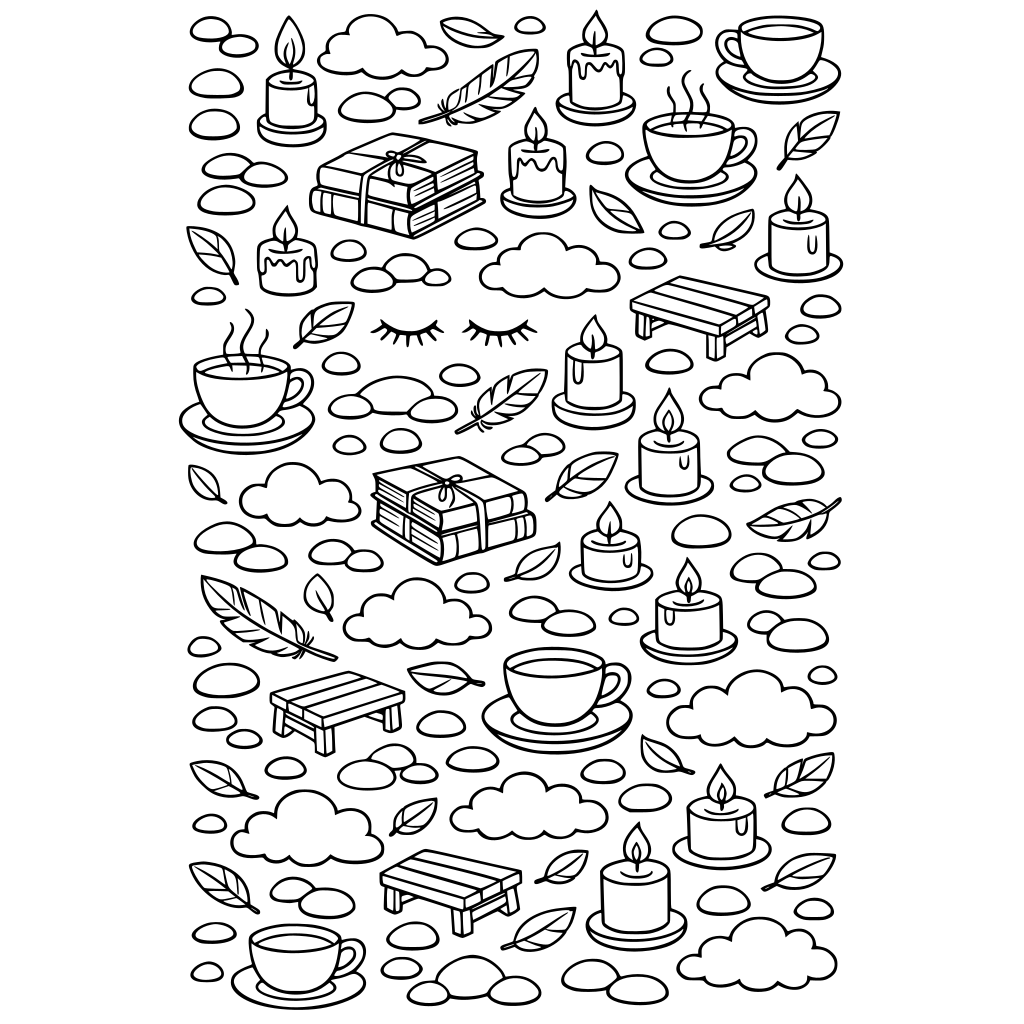 seamless pattern of repetitive images of teacups, candles, feathers, books, pebbles, closed eyes, clouds, tiny benches, leaves floating, in a variety of sizes & covering the page.
