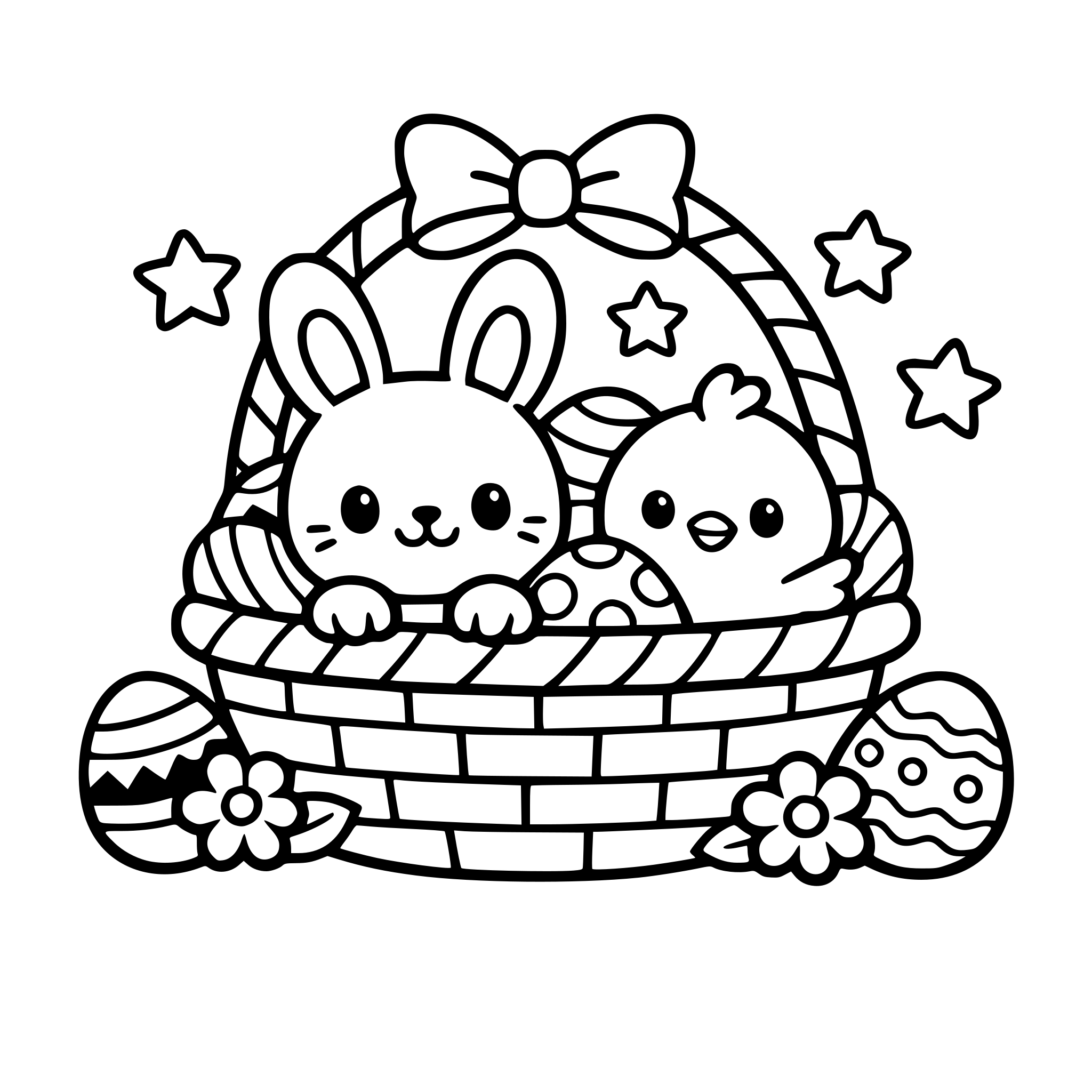 Create 50 unique Easter coloring book pages for kids, cute kawaii style with bunnies, chicks, decorated Easter eggs and baskets, bold thick clean line art, simple shapes, black and white, no shading, white background, large spaces for coloring, children's coloring book style.