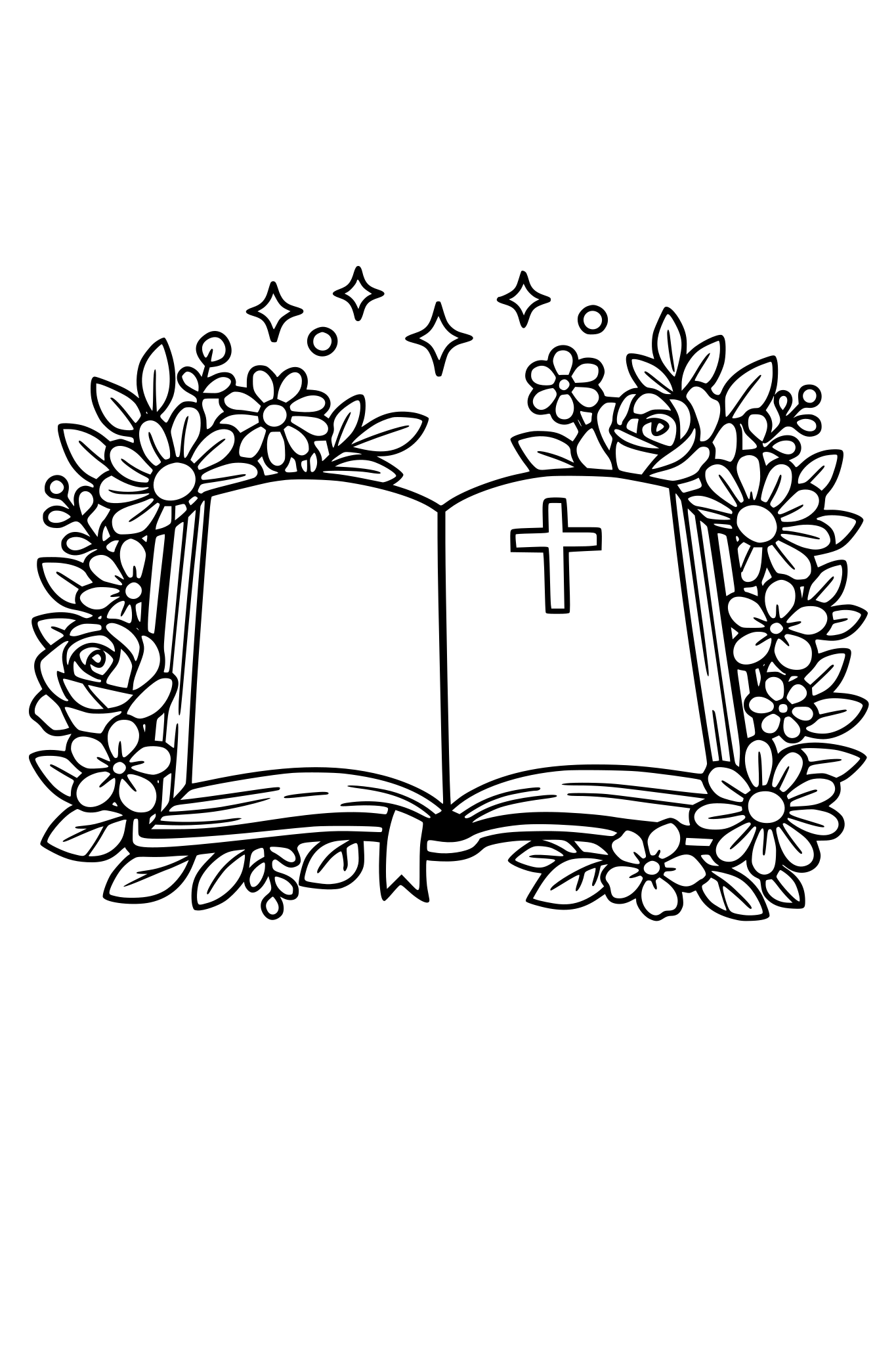 Open bible with flowers surrounding it. Bold thick lines no shading.
