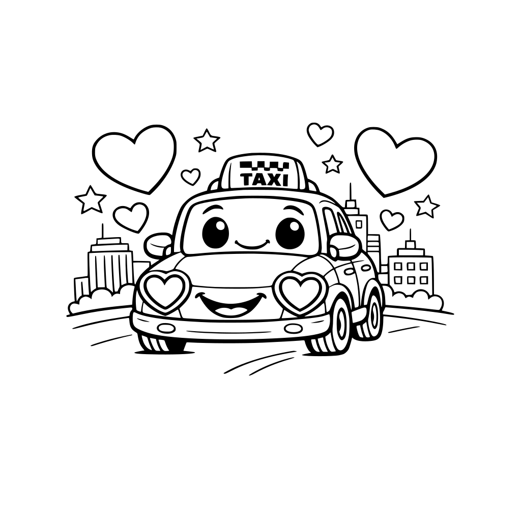“Friendly yellow taxi with heart-shaped headlights, city background, glowing neon hearts, cartoon illustration.”