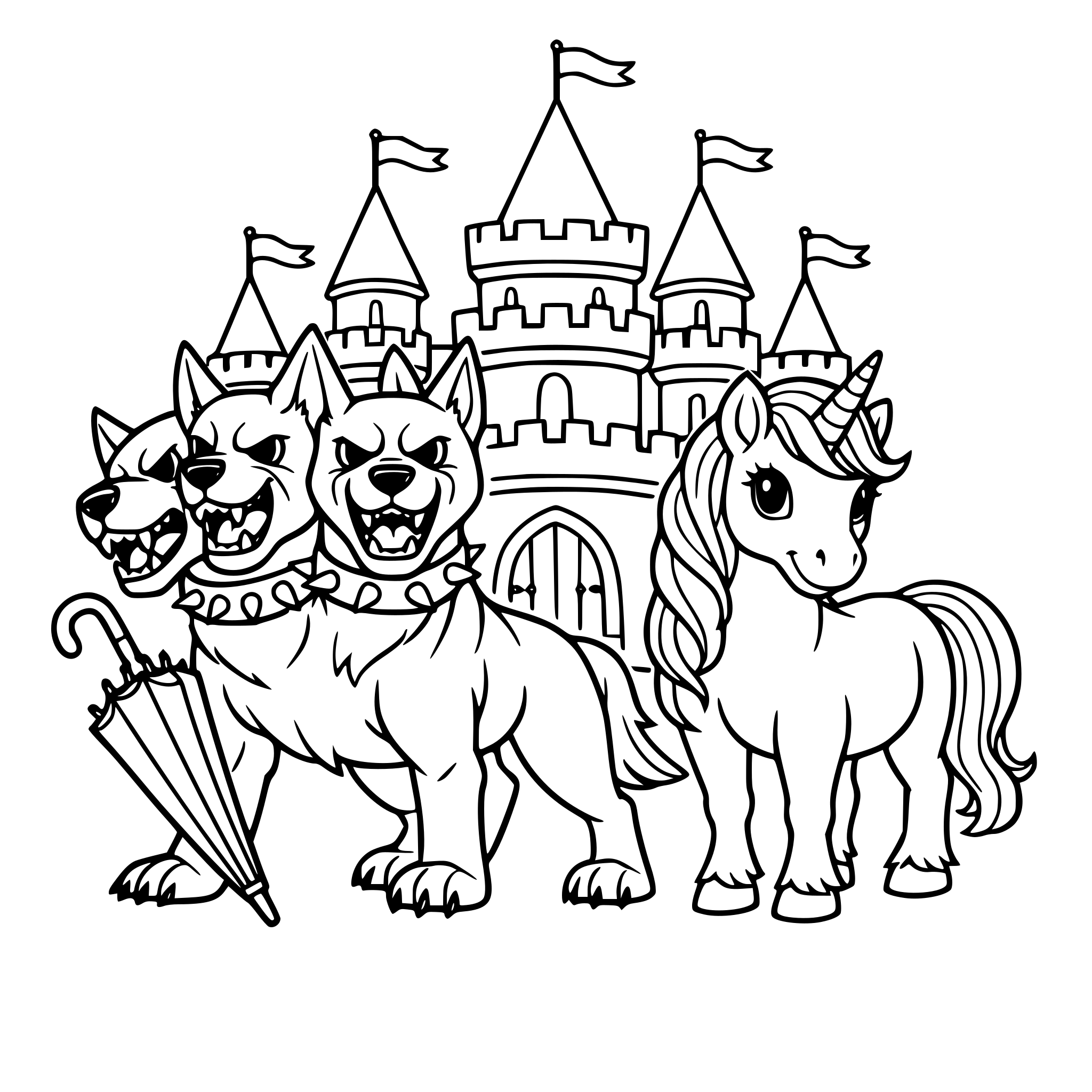 a three headed dog that is in front of a castle with a closed umbrella and is next to a unicorn