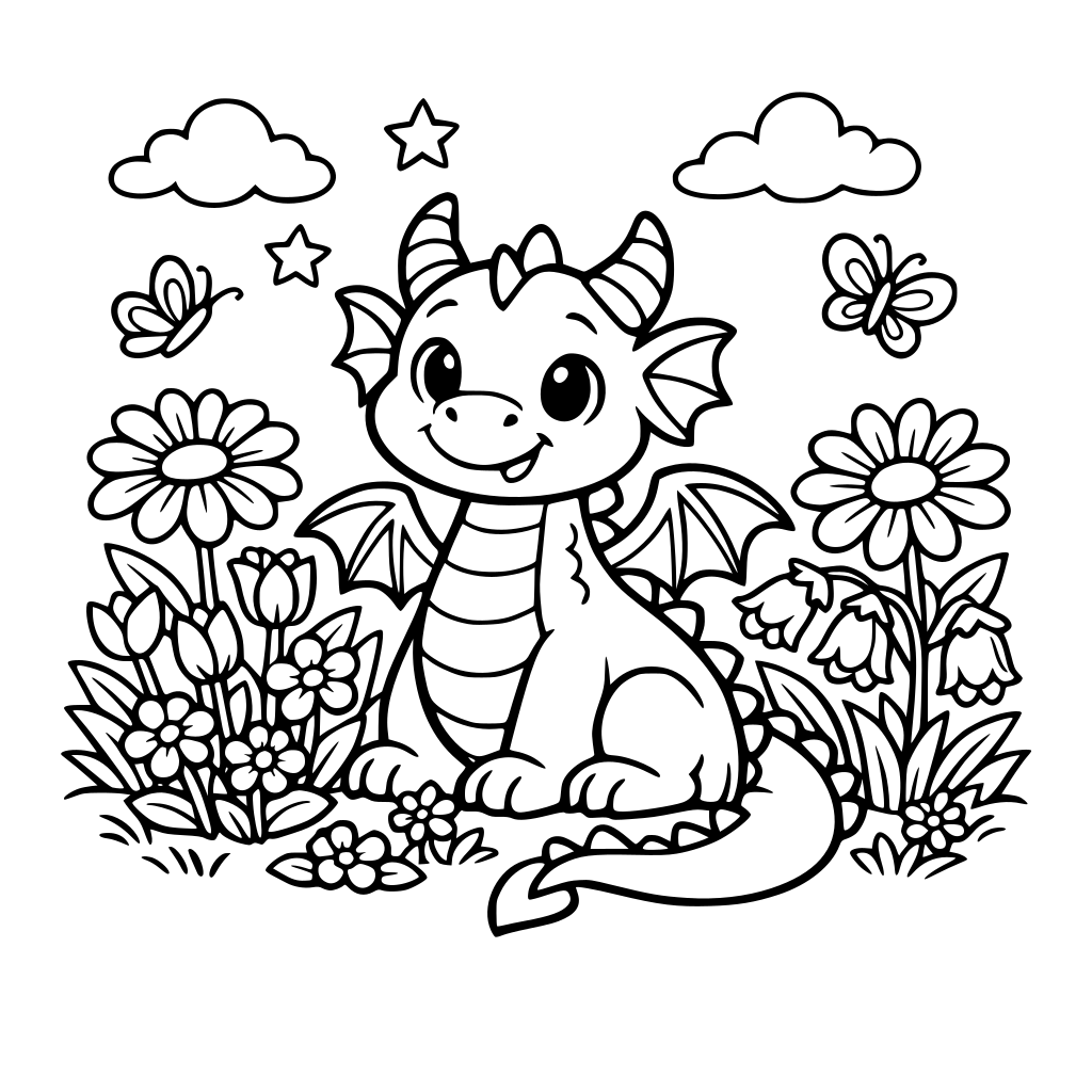 Um dragão amigável em um jardim de flores