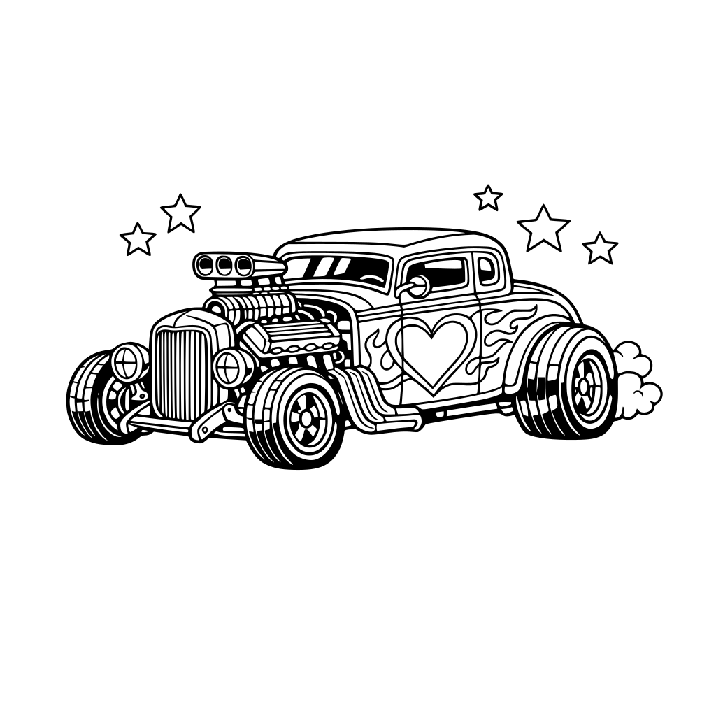 “Retro hot rod with heart-shaped flames painted on the sides, shiny chrome, vibrant cartoon style.”