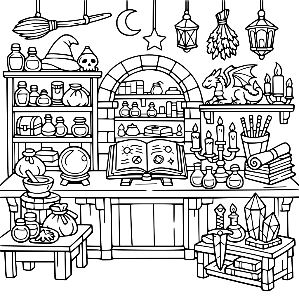 a dungeons and dragons magic shop interior. medieval fantasy style