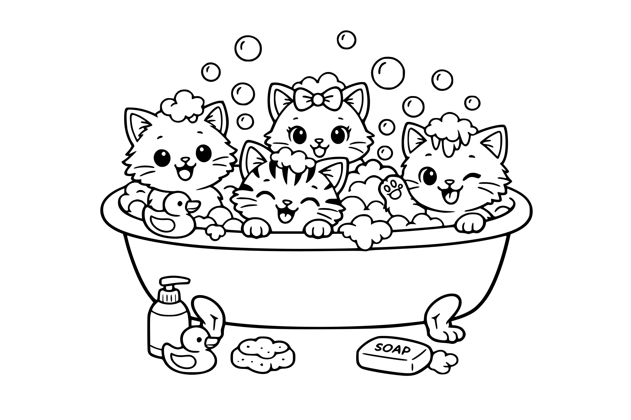 Cuatro gatitos bañandose en una tina