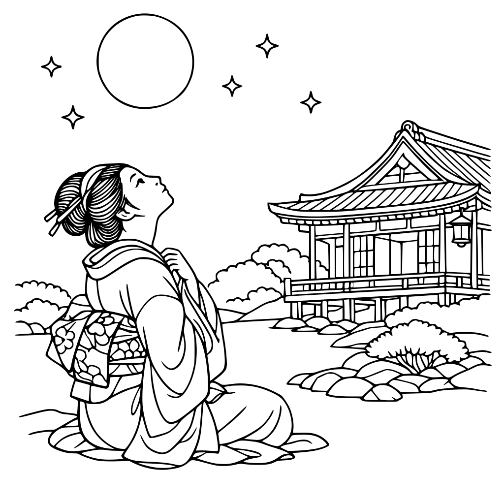 浮世絵 月を見上げる女性 お屋敷