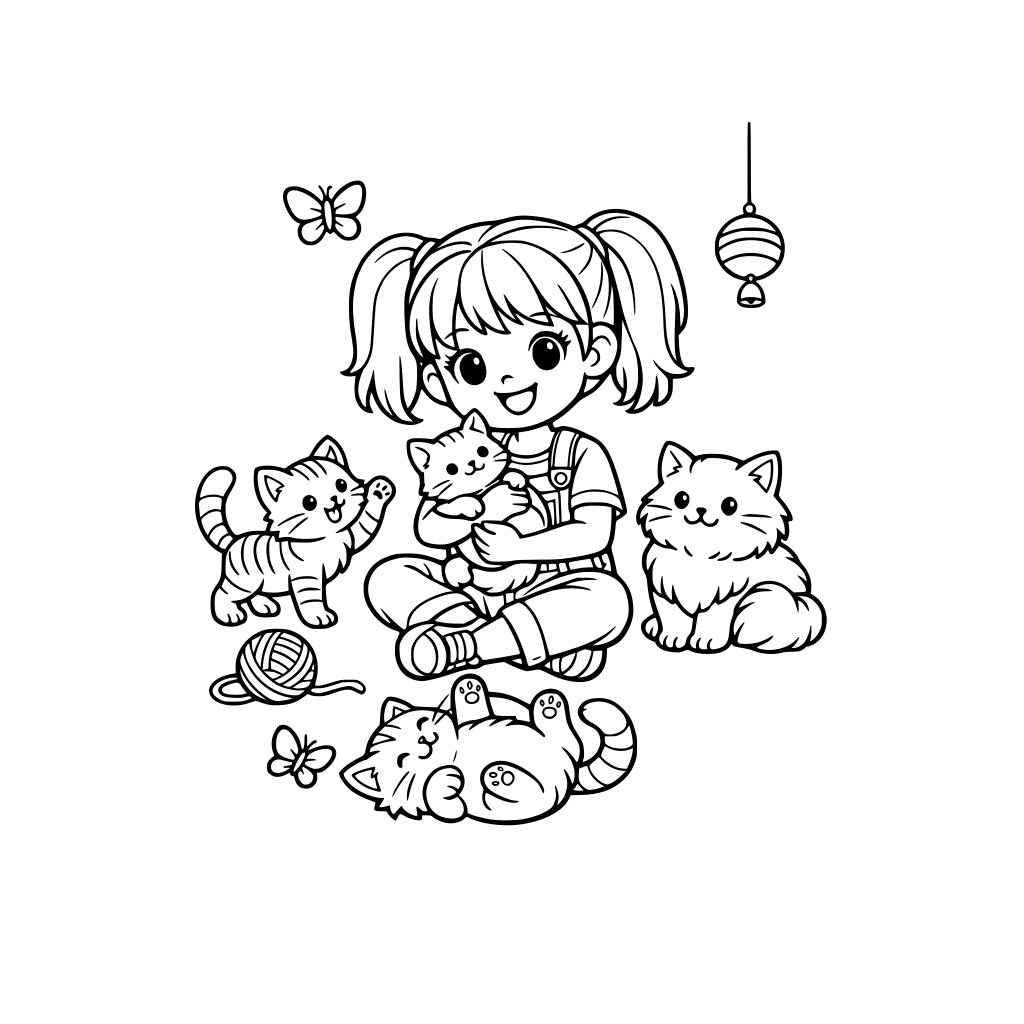 coloring book with a little girl and cats