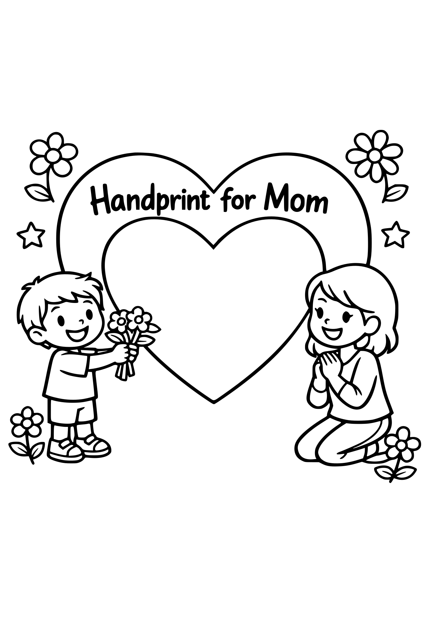 cute kids coloring page, smiling child giving flowers to mom, big heart frame in the center with text "Handprint for Mom", simple flowers around, space inside the heart for a child handprint stamp, big shapes, thick outlines, kids coloring page