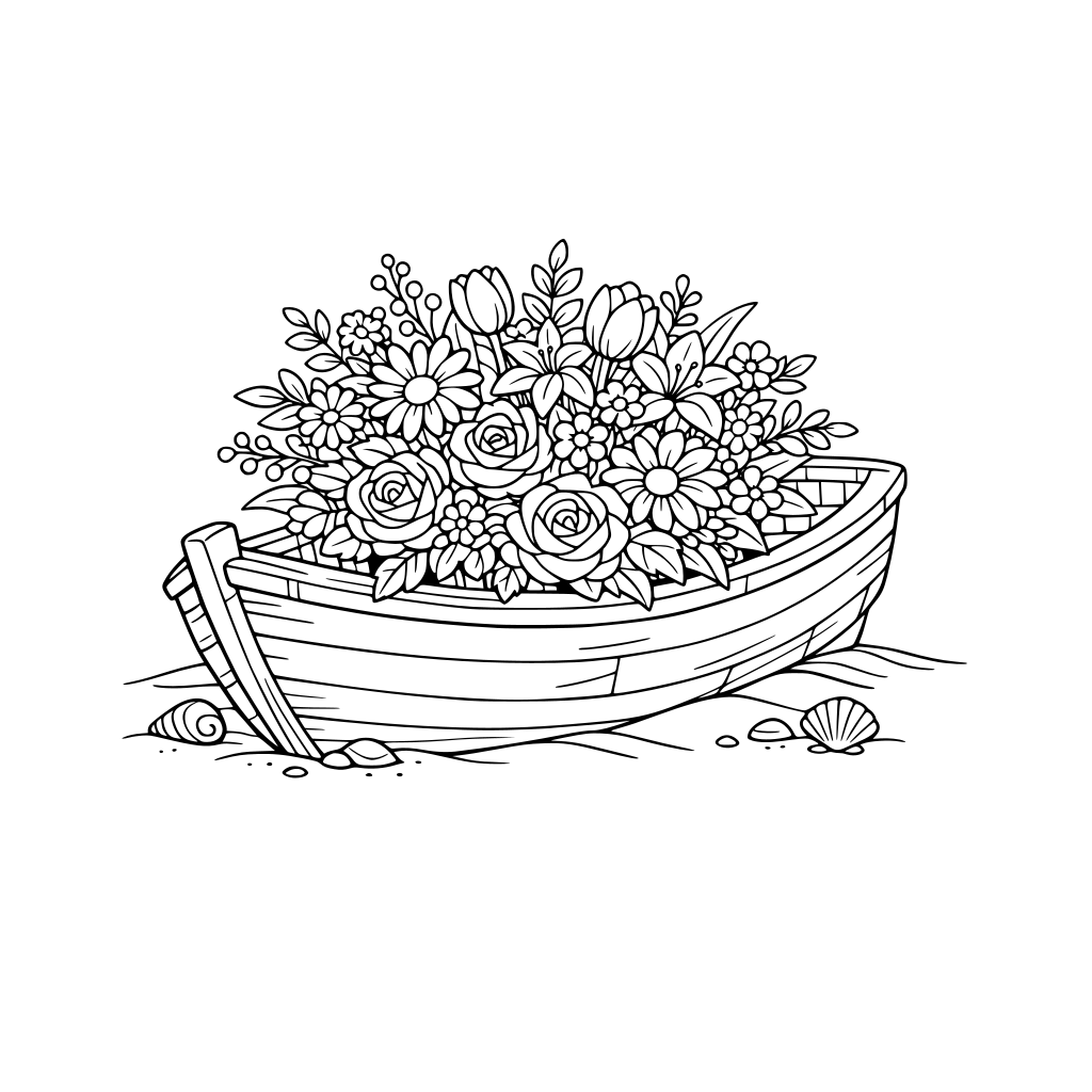 por favor dibuja un bouquet de flores, dentro de una barca que está varada y torcida en la playa. Enfocando sólo la barca y las flores