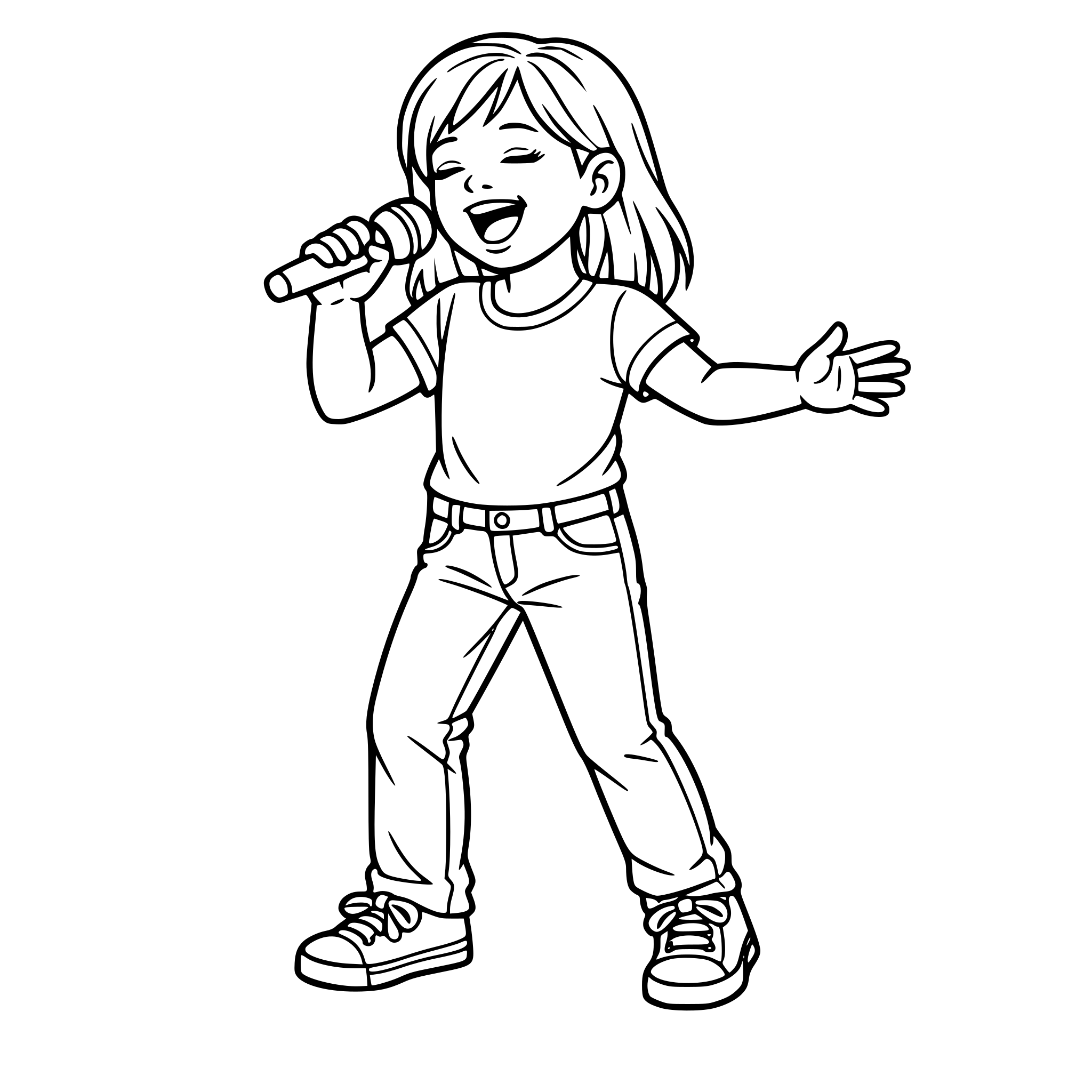 One realistic young girl singing a song holding a microphone. The girl is wearing jeans and a short sleeve shirt with sneakers. White background, isolated.