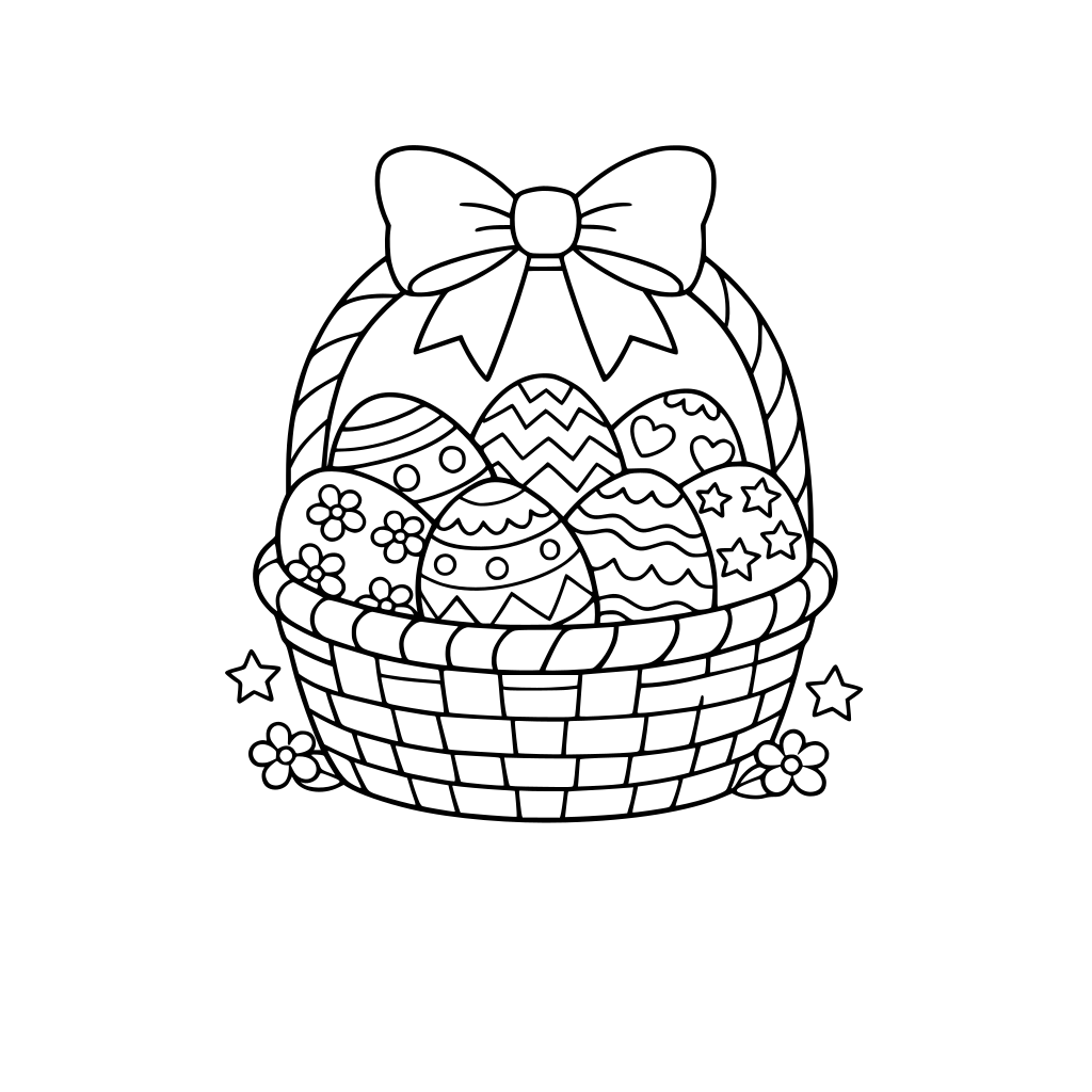 Basket full of large patterned Easter eggs with a bow