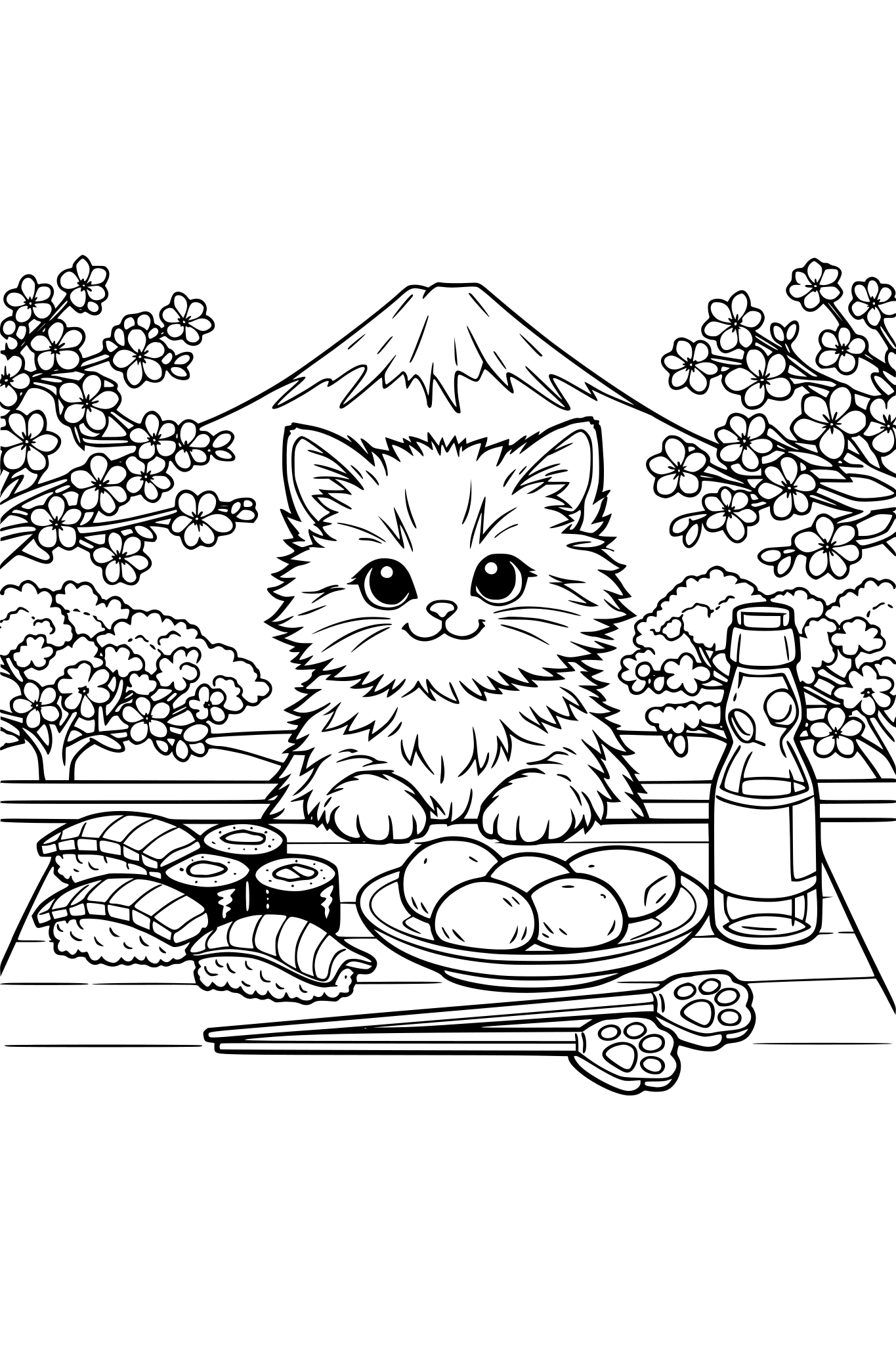 un gattino peloso su uno sfondo con degli alberi di ciliegio in fiore e il monte fuji con davanti un tavolino con dei pezzi di sushi di vario tipo ,dei mochi ,delle bacchette con delle zampe disegnate e una bottiglia di ramune