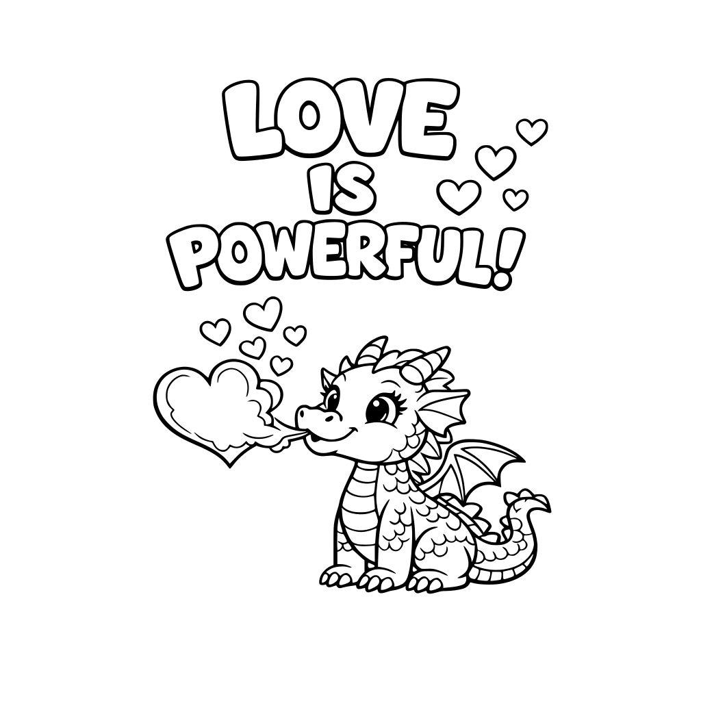 a friendly dragon blowing her heart shaped smoke. Big TextL Love is powerful. Hearts drifting upward. Please make text in bubble letters so that students can color in.