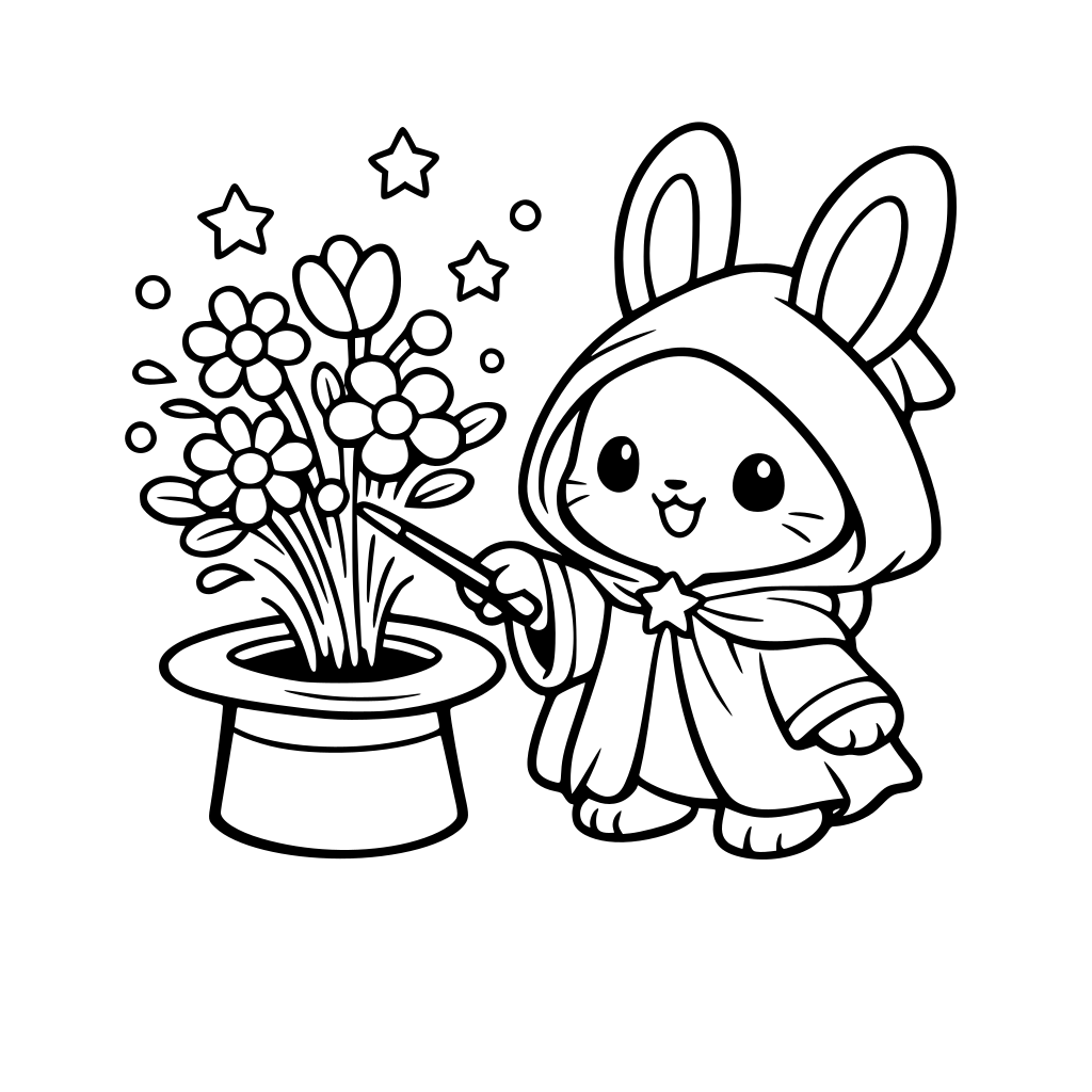 cartoon and kawaii-style bunny in a magic robe, pointing its hat with a wand and a bouquet of flowers popping out on air— rounded petals, cartoon stems.