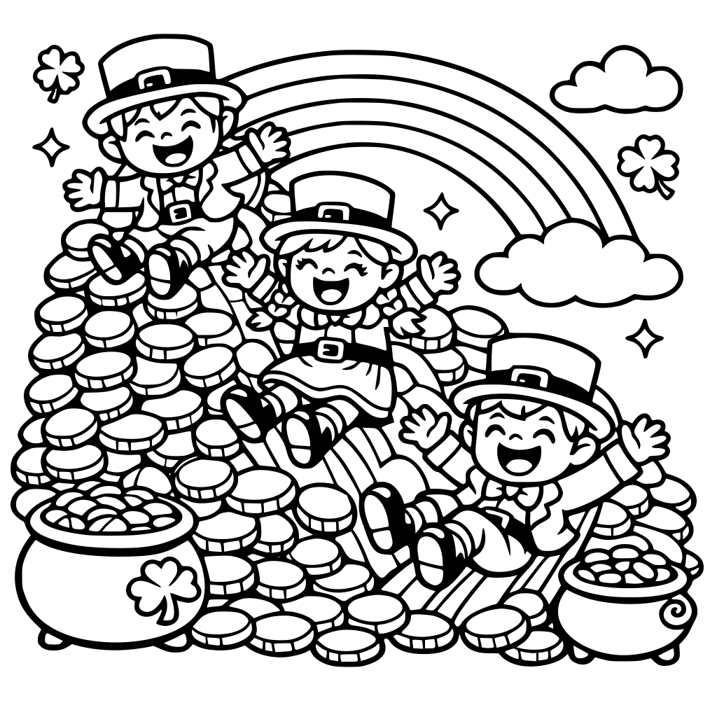 Square coloring book page that is black and white with 3 cute friendly leprechauns. They are sliding down a pile of gold coins. The background has a rainbow. Fill the whole page with great detail. Simple art bold and easy cartoon style.