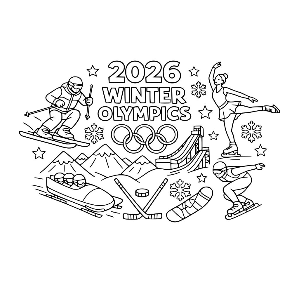 Create a collaborative coloring poster about the 2026 winter olympics