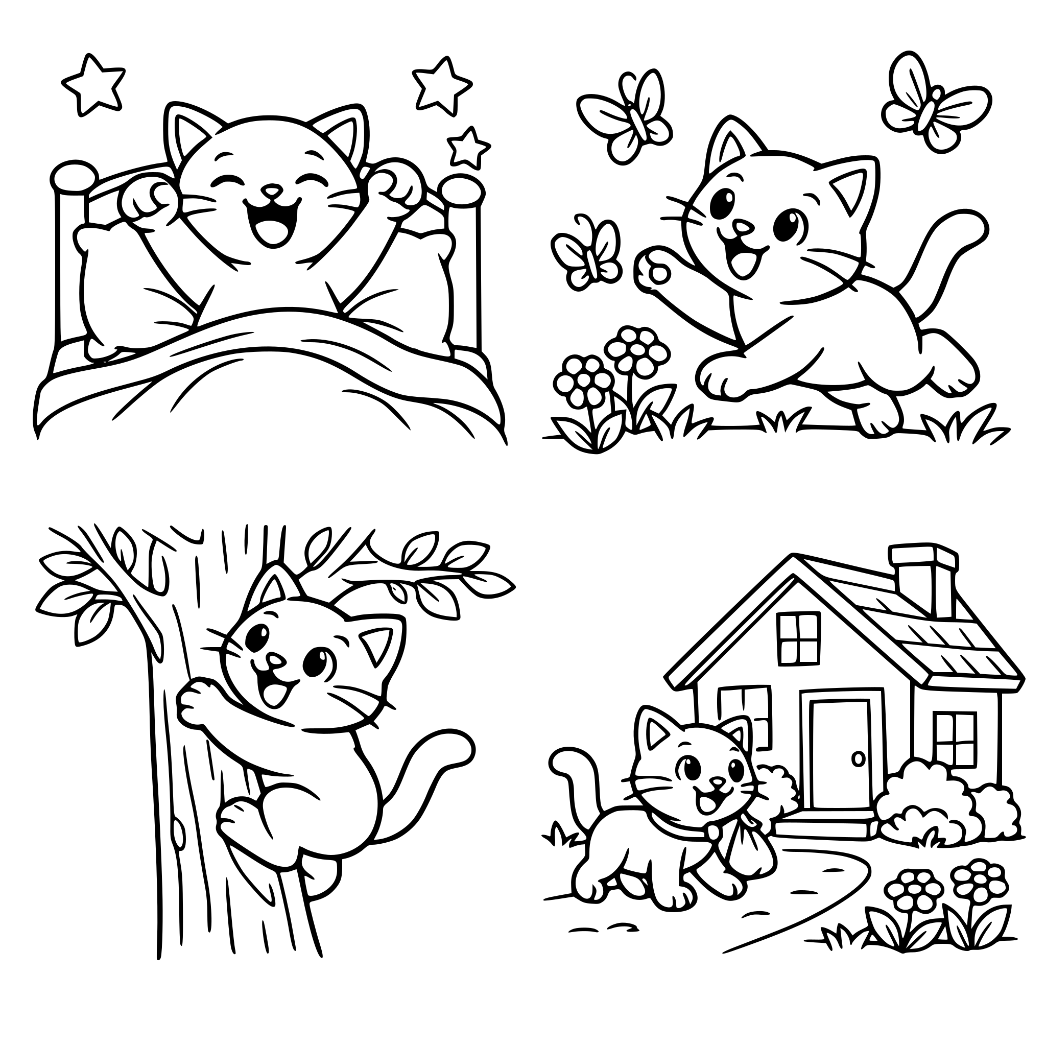 Cat waking up in bed Cat chasing butterflies Cat climbing a tree Cat returning home