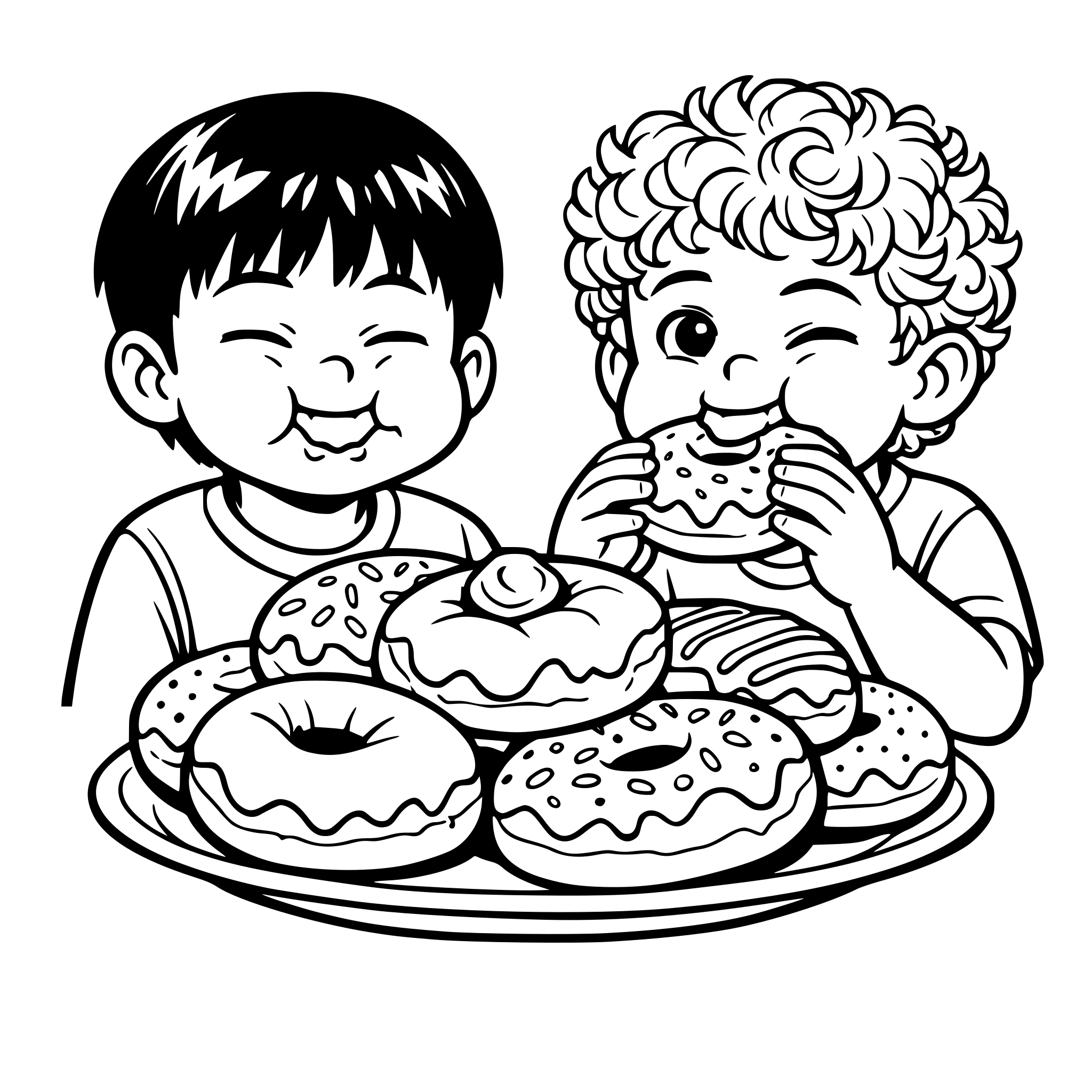Create an image of a realistic asian boy and realistic curly light hair boy eating a plateful of big donuts. One of the boys eyes are closed. Their mouths are full chewing. White background, isolated.