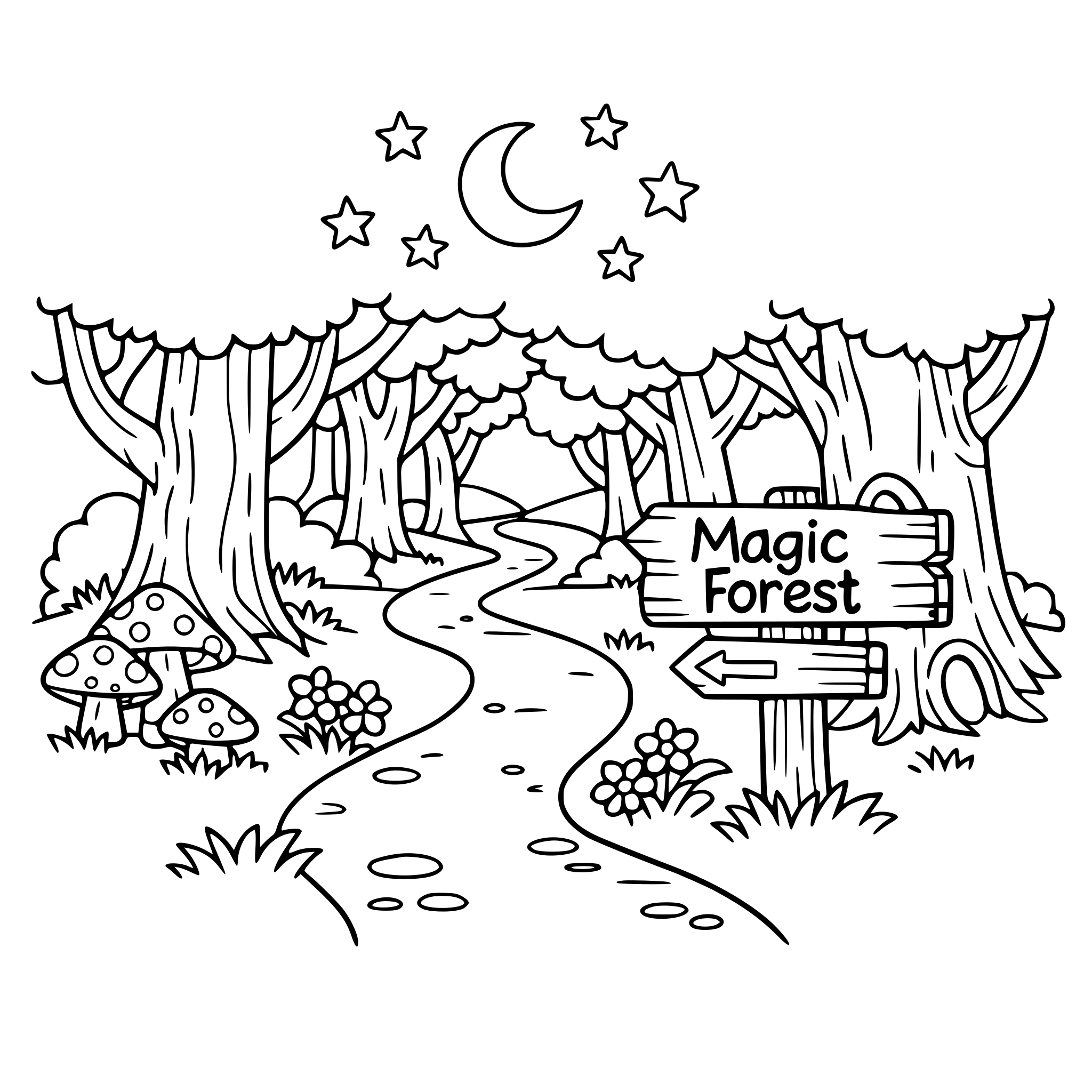 en magisk med en stig skog som barn kan färglägga och klistra in klistermärken på (fåglar, en magisk skylt, karaktärer från barnboken)