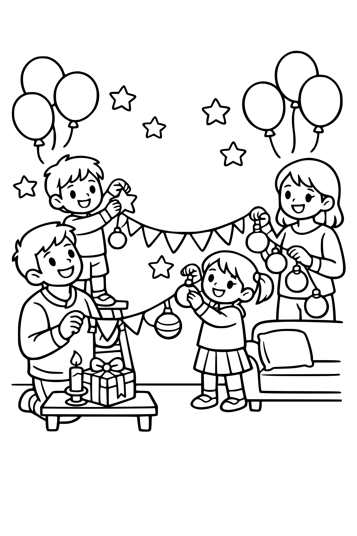 cute kids coloring page, happy family decorating their house together, boy and girl hanging decorations with parents, balloons and stars around, cozy home scene, simple shapes, thick outlines, kids coloring book line art