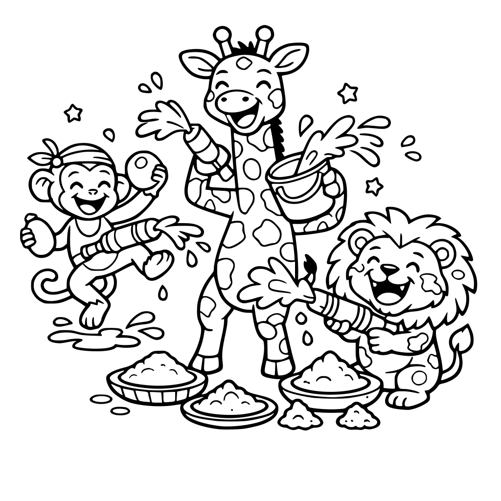 CAN U MAKE a HOLI COLORING PAGE WHERE ANIMALS LIKE MONKEY GIRAFFE LION ARE PLAYING HOLI SPLASHING COLORS ETC