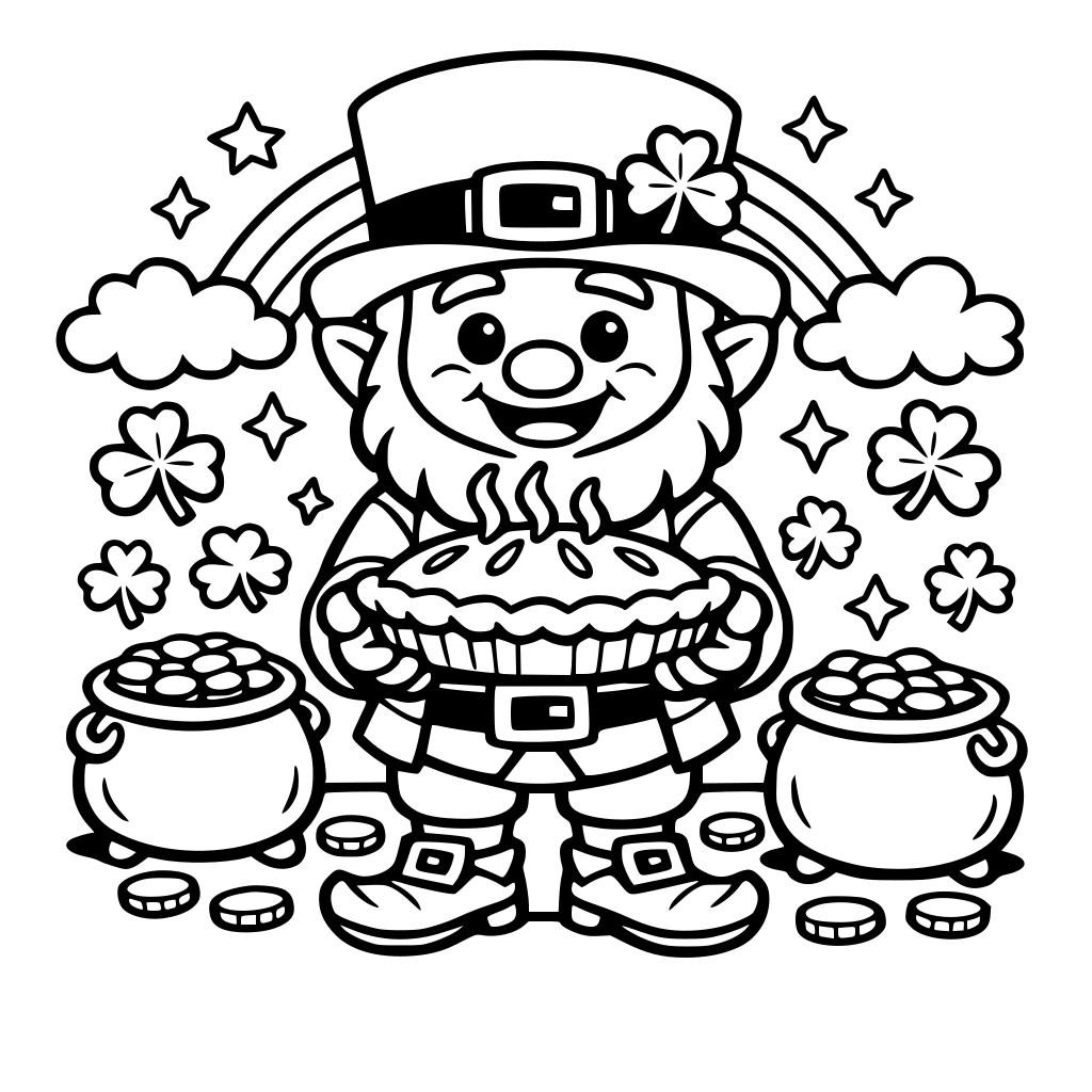 Square coloring book page that is black and white with a cute friendly leprechaun. He is holding out a pie he made. Fill the whole page with great detail. Simple art bold and easy cartoon style.