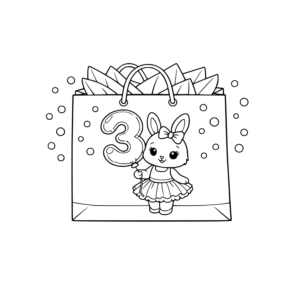 Landscape coloring page: large gift bag centered, on the bag is an illustration of a cute bunny girl wearing a tutu dress and bow, holding a balloon shaped number 3. Tissue paper coming out, ribbon handles, confetti dots around