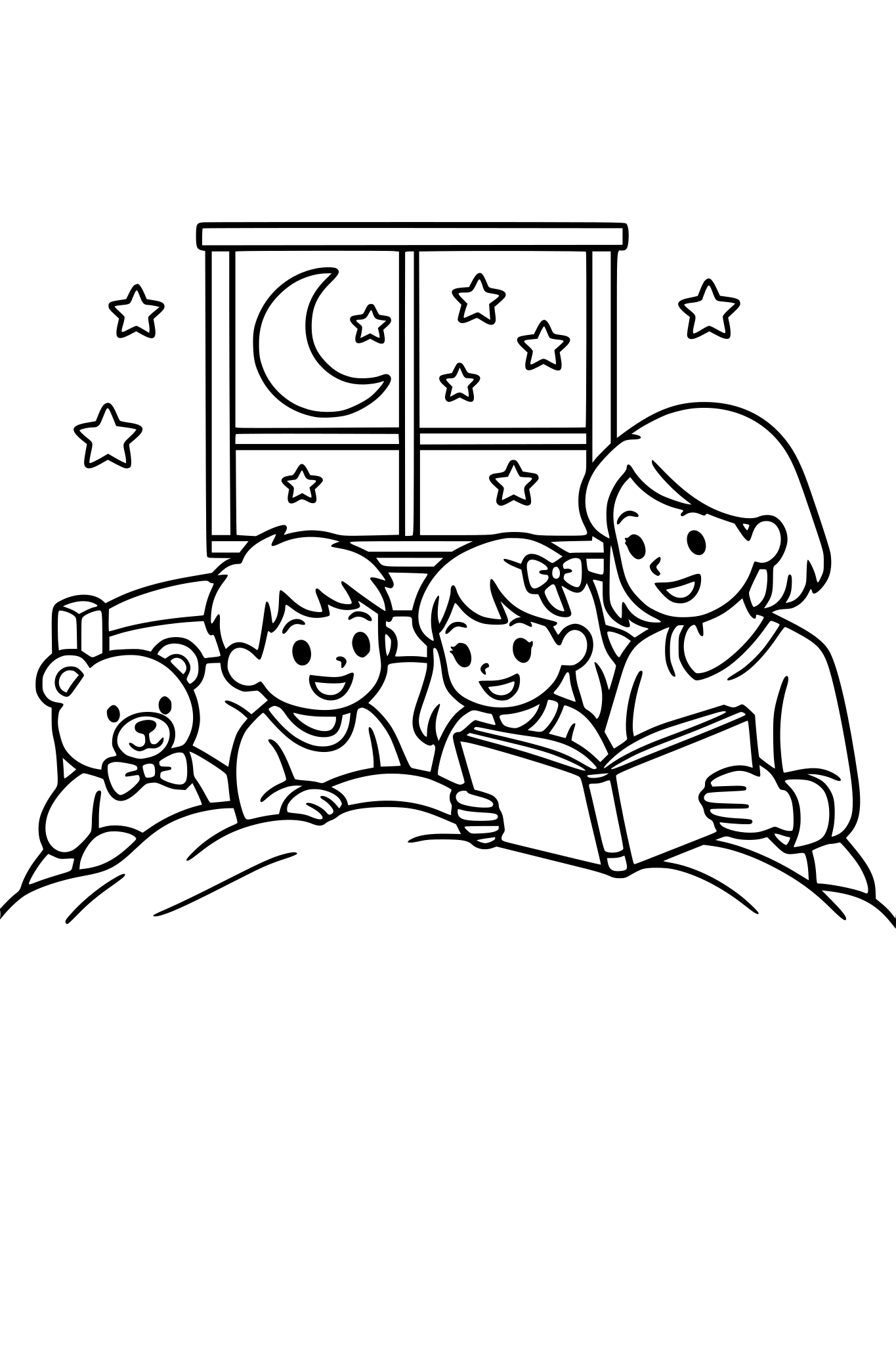cute kids coloring page, parent reading a bedtime story to a boy and girl sitting on a bed, stars and moon through the window, stuffed teddy bear beside them, cozy bedroom scene, simple shapes, thick outlines, kids coloring book line art