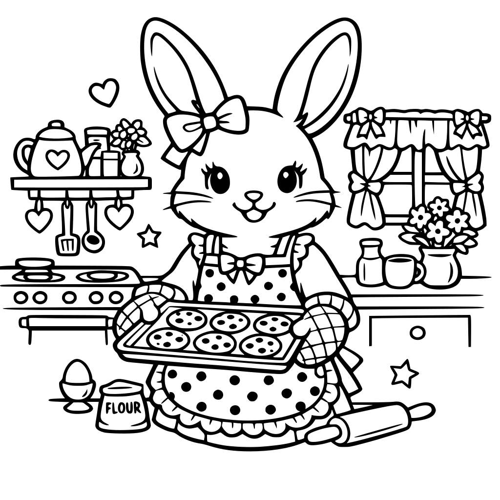 Bunny in a polka-dot apron, holding a tray of cookies in a cozy kitchen in coquette vibe