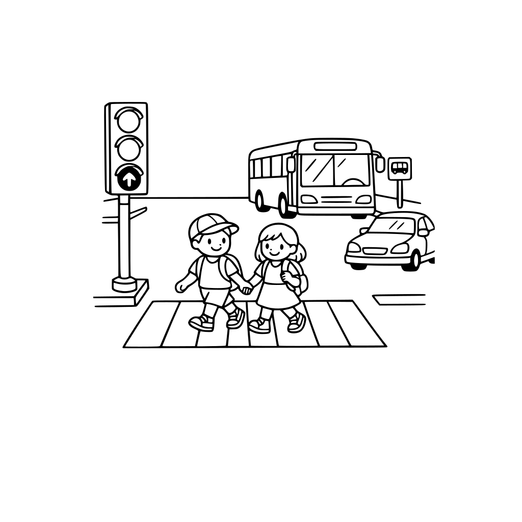 An intersection with a traffic light and two children crossing on a pedestrian crossing. On the other side, a bus stopped at a bus stop, and in the other lane, a car moving. The picture should be simpler, without many details.