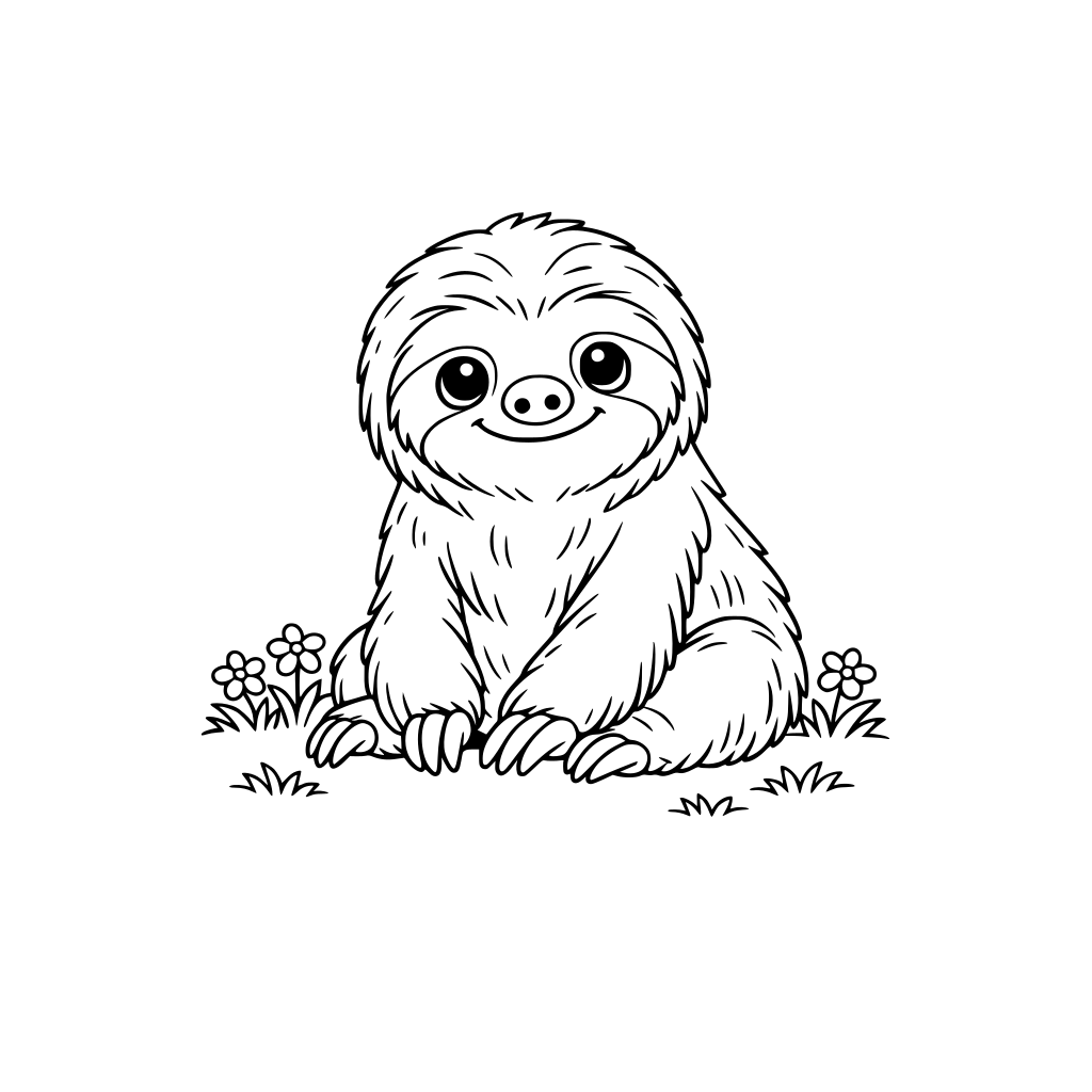 BRADIPO realistico ma simpatico, stile libro da colorare, linee pulite e uniformi, dettagli moderati nel pelo e nel muso, nessuna ombreggiatura, sfondo semplice o prato minimale, alta risoluzione.”