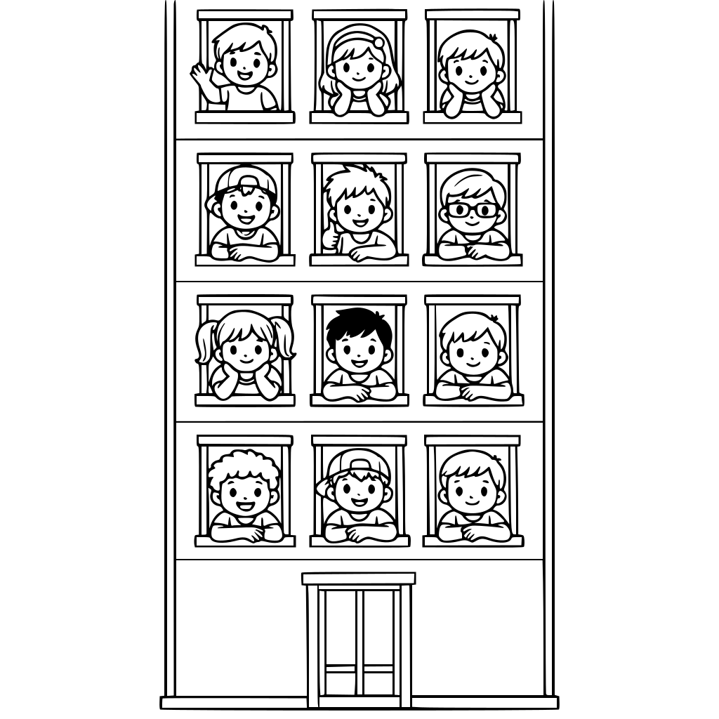 Dokuz katlı bir bina olsun her katın penceresinden bakan bir çocuk olsun çocuklardan iki tanesi kız yedi tanesi erkek çocuk olsun