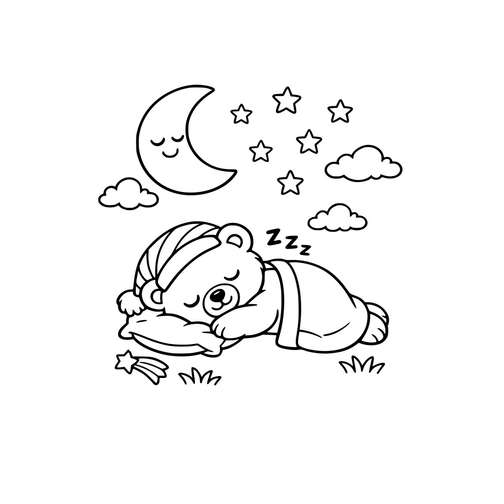 Coloring page for a 10-year-old child with ADHD, calm bedtime theme, cute sleeping bear under the moon, simple to medium details, thick clean black outlines, no shading, no color, white background, relaxing and reassuring style