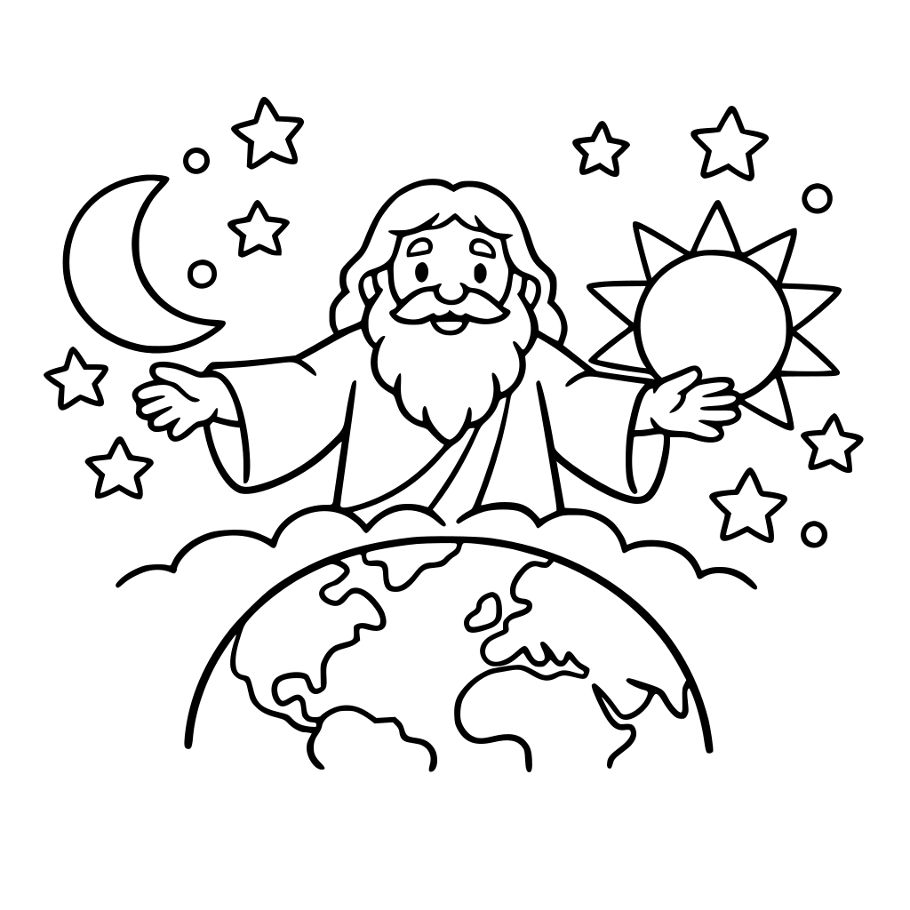 Simple children coloring page for ages 3-8, God creating the world, sun, moon and stars, very simple shapes, thick black outlines, white background, no shading, no text