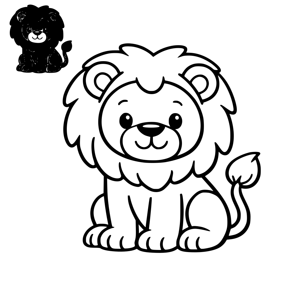 Kids coloring book page, Lion, simple cartoon style with bold black outlines, clean line art, no shading, white background. Top-left corner: include a small, colored reference thumbnail of the same animal.