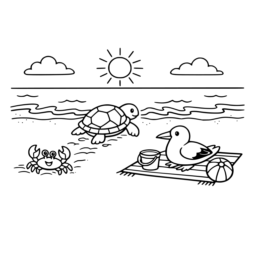 create a beach scene with a turtle walking towards the beach. there is also a crab running across the sand and a seagull on a beach towel