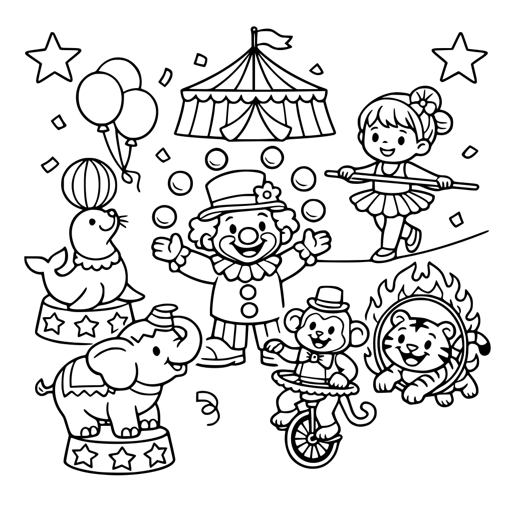 Maak een kleurplaat voor kinderen van 8 jaar in thema circus