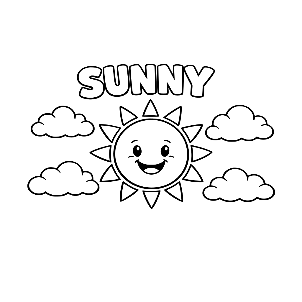 Black and white coloring page for kids, big smiling sun with simple rays, a few fluffy clouds, thick bold outlines, minimal details, easy to color, lots of white space, printable worksheet style. Add the word “SUNNY” in large bubble letters at the top.